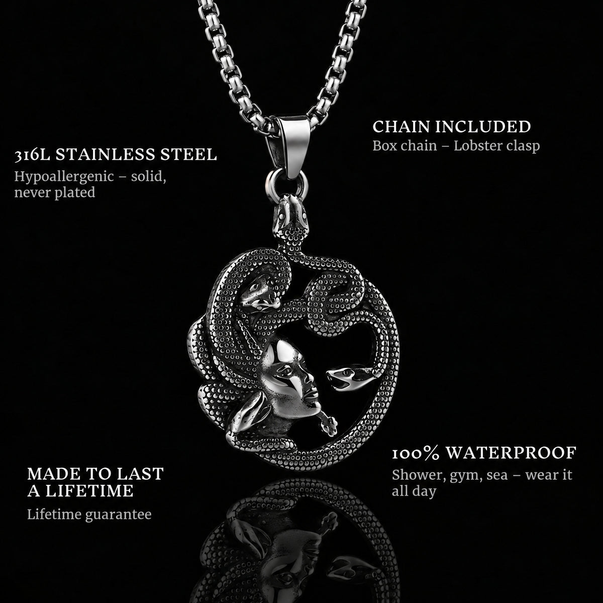 Medusa pendant features: 316L stainless steel, chain included, 100% waterproof, lifetime guarantee