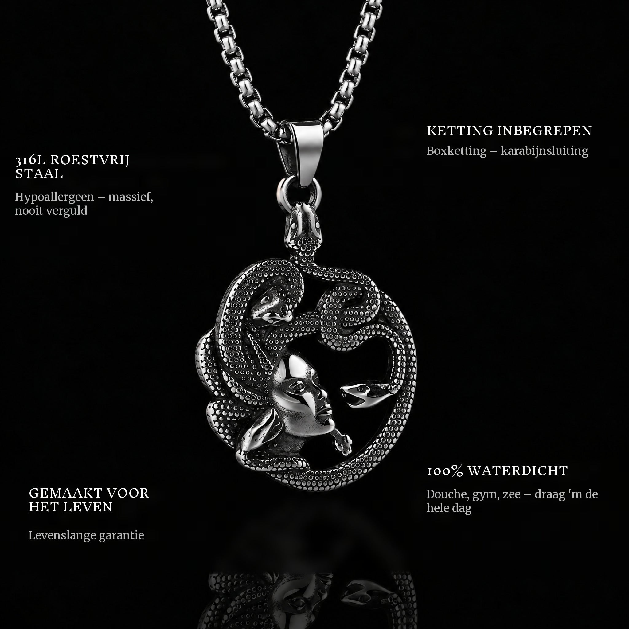 Medusa pendant features: 316L stainless steel, chain included, 100% waterproof, lifetime guarantee
