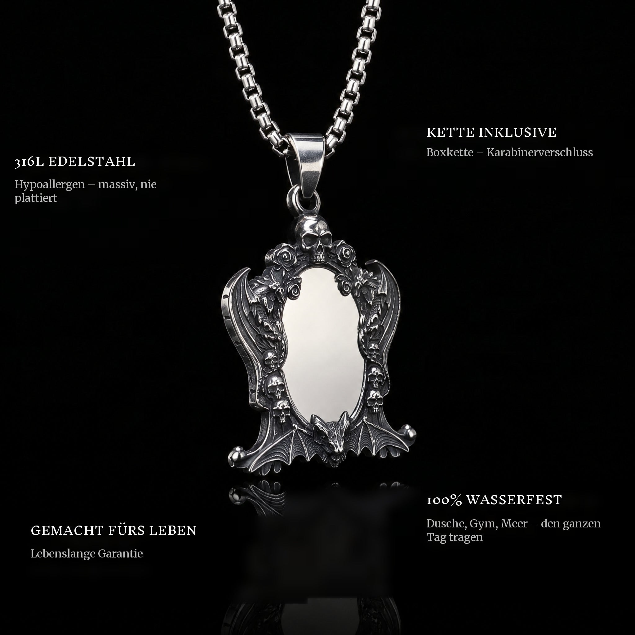 Mirror Of Souls pendant features: 316L stainless steel, chain included, 100% waterproof, lifetime guarantee