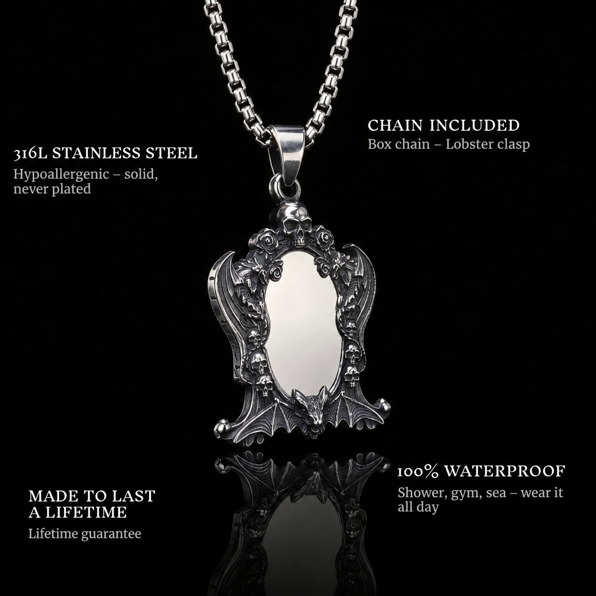 Mirror Of Souls pendant features: 316L stainless steel, chain included, 100% waterproof, lifetime guarantee