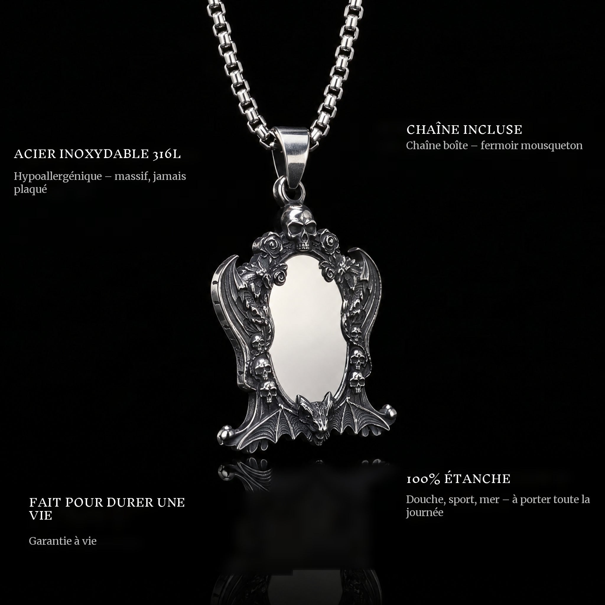 Mirror Of Souls pendant features: 316L stainless steel, chain included, 100% waterproof, lifetime guarantee