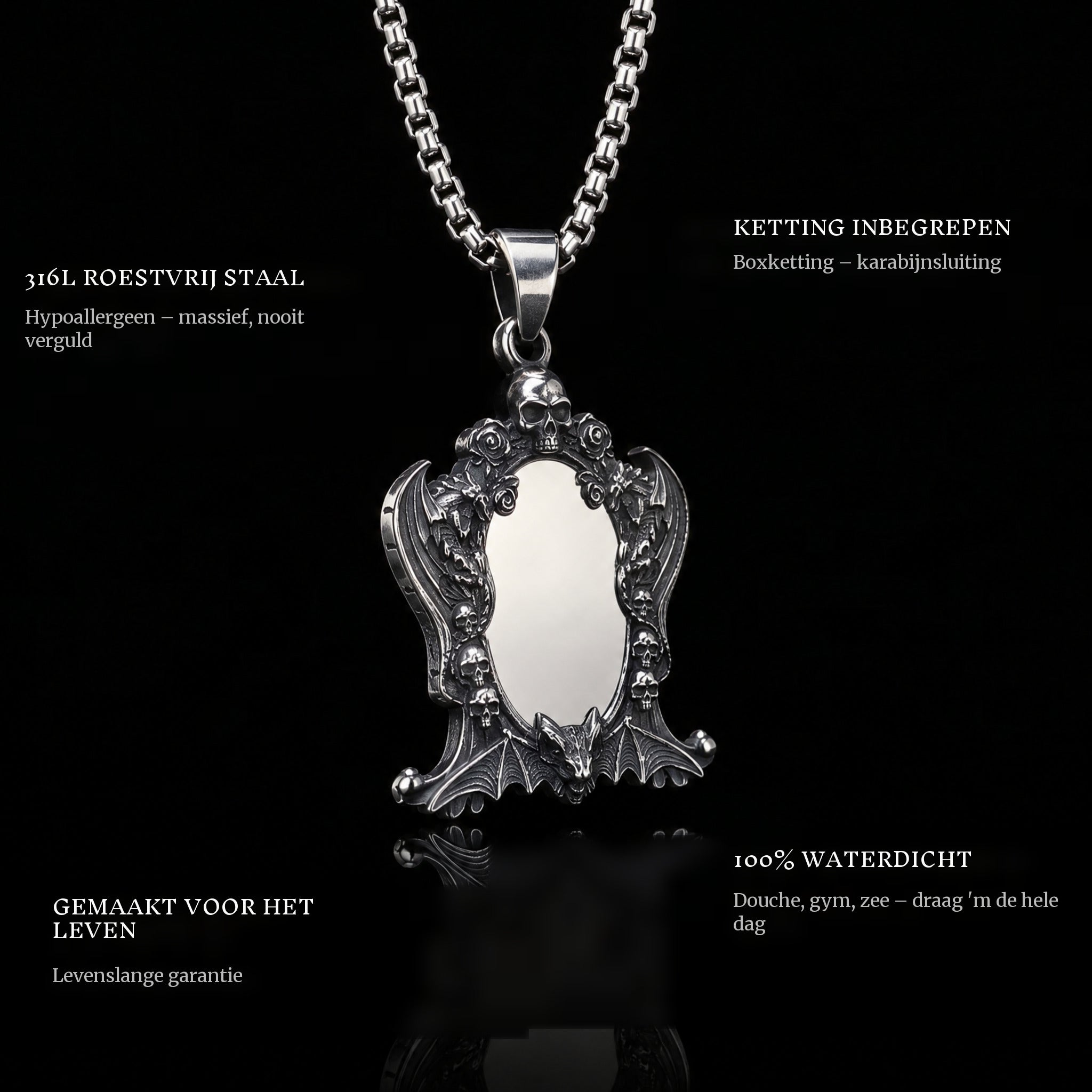 Mirror Of Souls pendant features: 316L stainless steel, chain included, 100% waterproof, lifetime guarantee