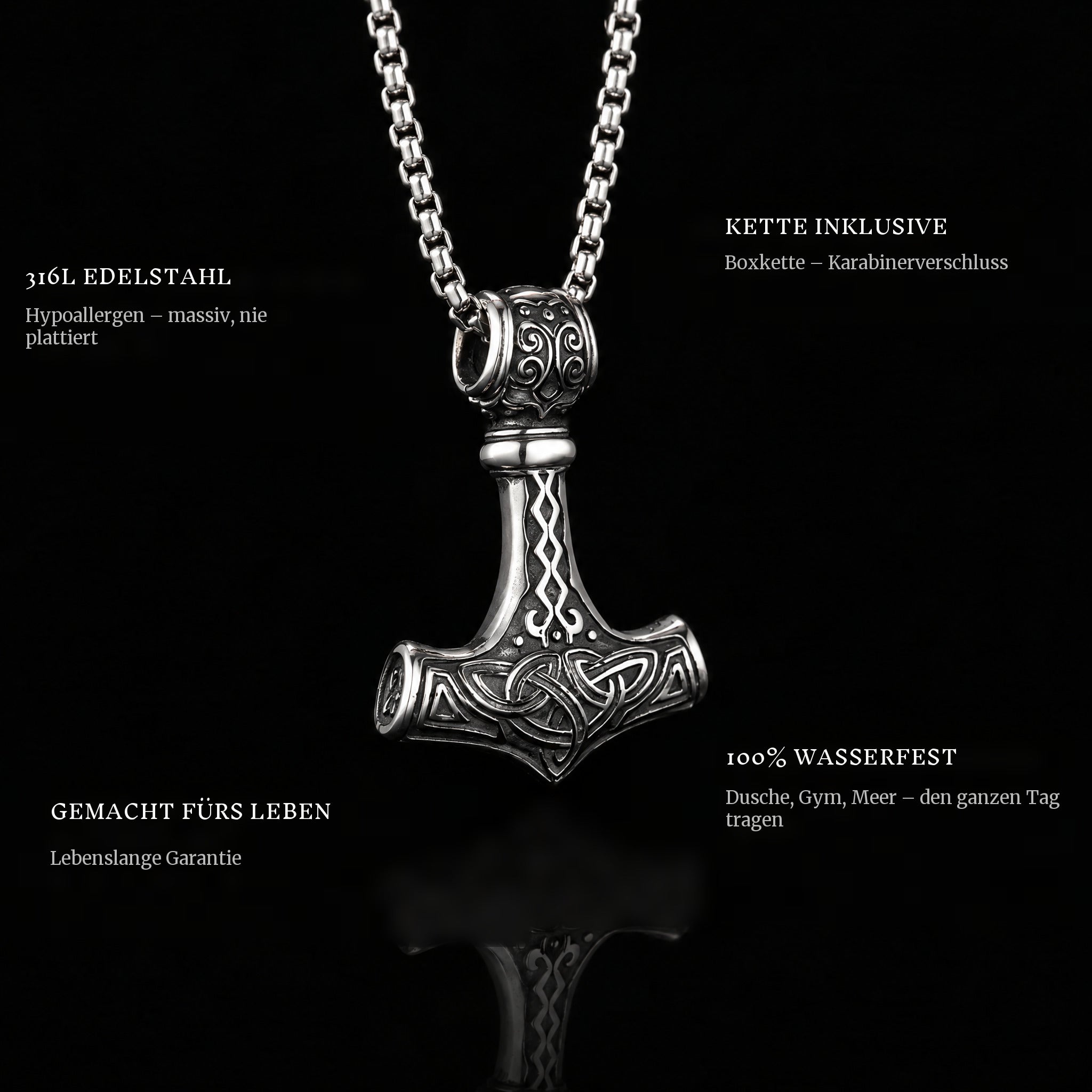 Mjolnir pendant features: 316L stainless steel, chain included, 100% waterproof, lifetime guarantee