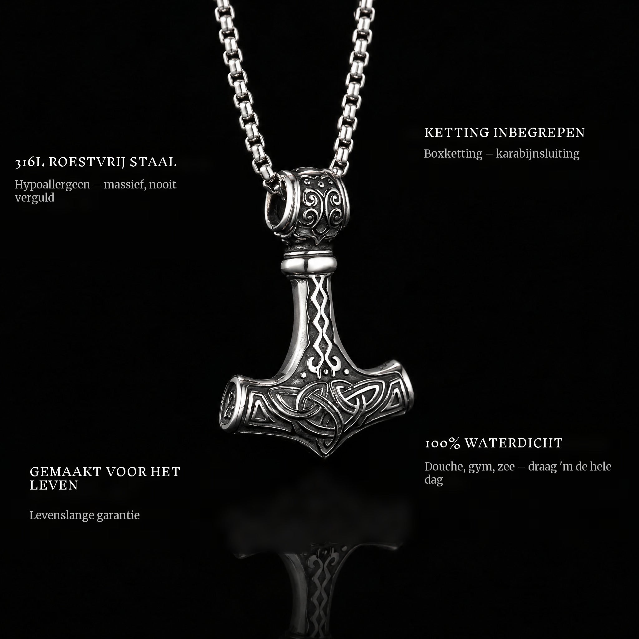 Mjolnir pendant features: 316L stainless steel, chain included, 100% waterproof, lifetime guarantee