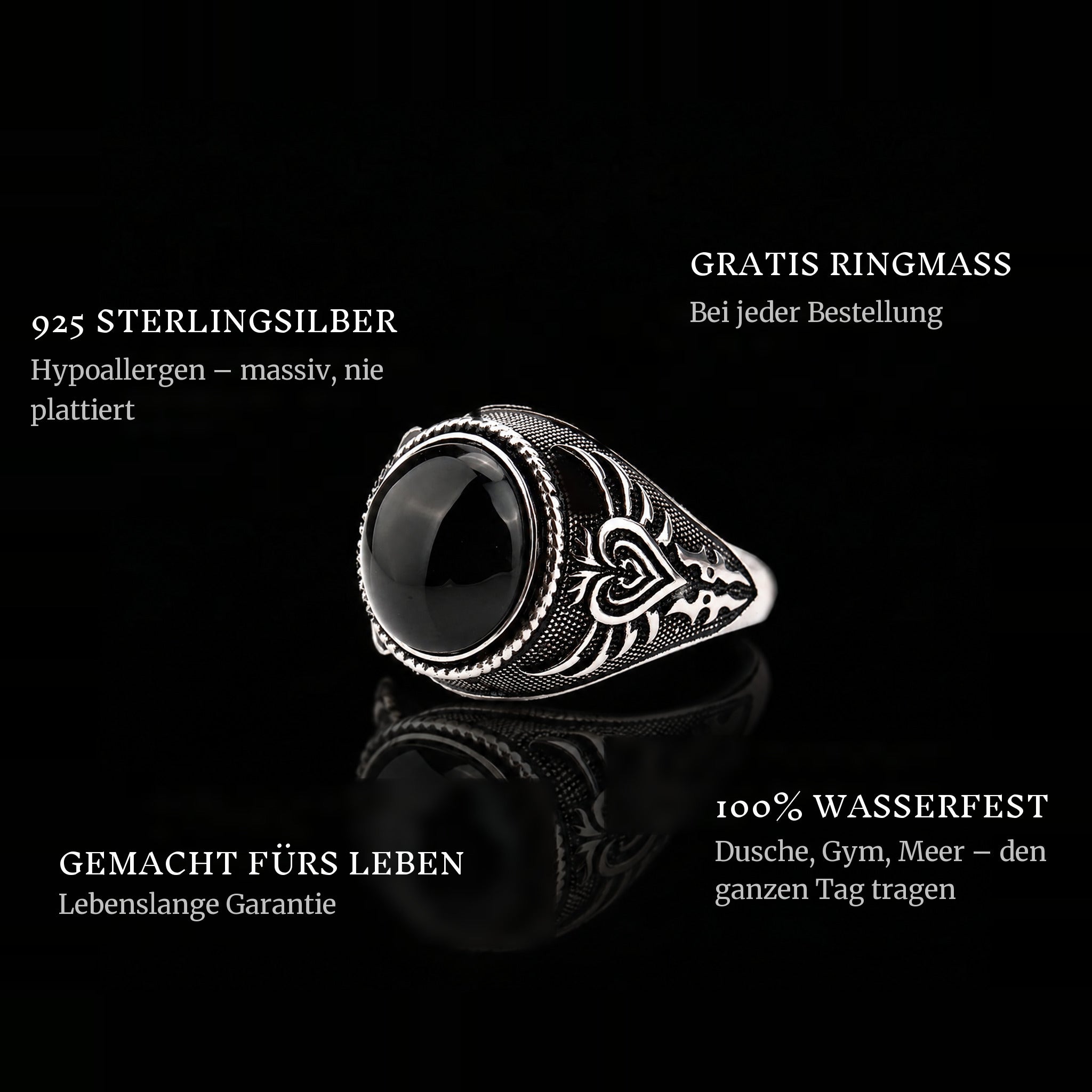 Black Monarch ring features: 925 sterling silver, free ring sizer in every order, 100% waterproof, lifetime guarantee