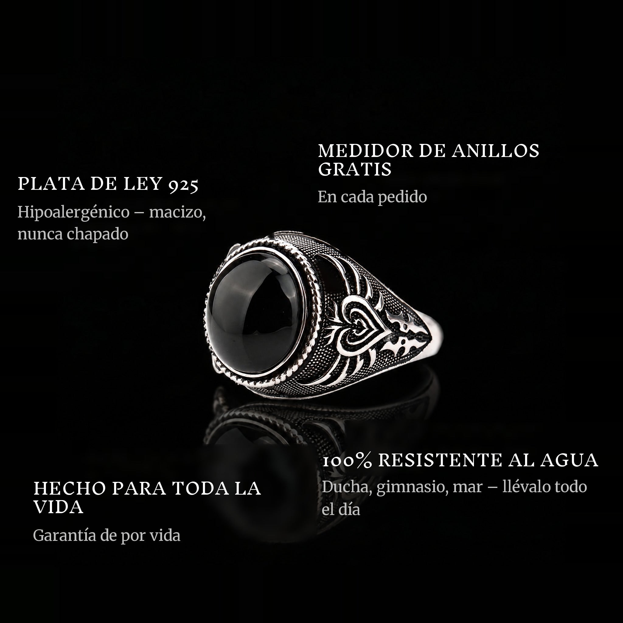 Black Monarch ring features: 925 sterling silver, free ring sizer in every order, 100% waterproof, lifetime guarantee