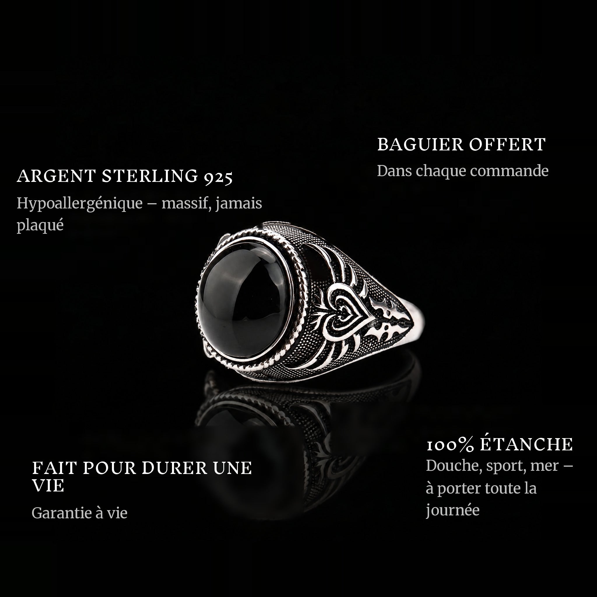 Black Monarch ring features: 925 sterling silver, free ring sizer in every order, 100% waterproof, lifetime guarantee