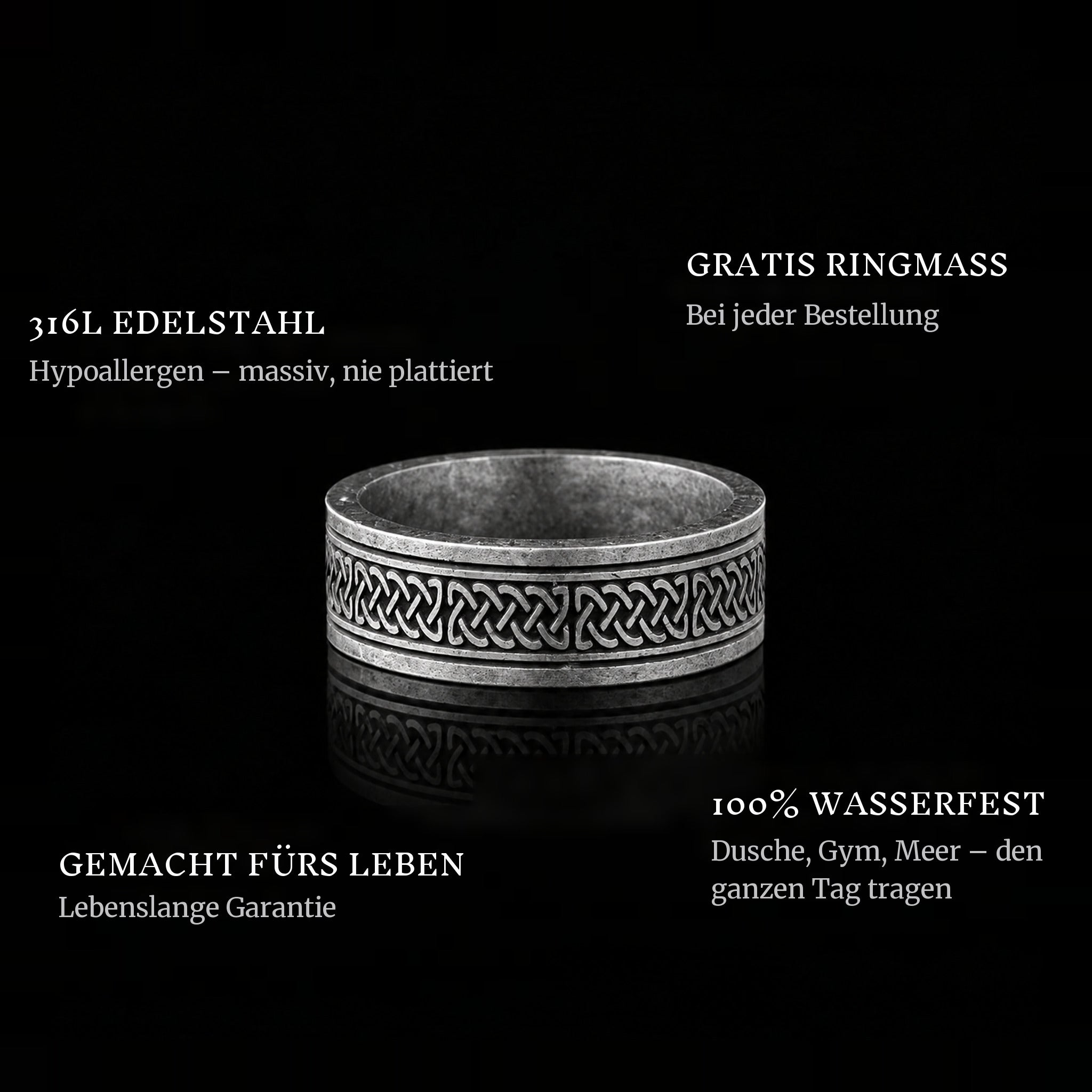 Old Norse ring features: 316L stainless steel, free ring sizer in every order, 100% waterproof, lifetime guarantee