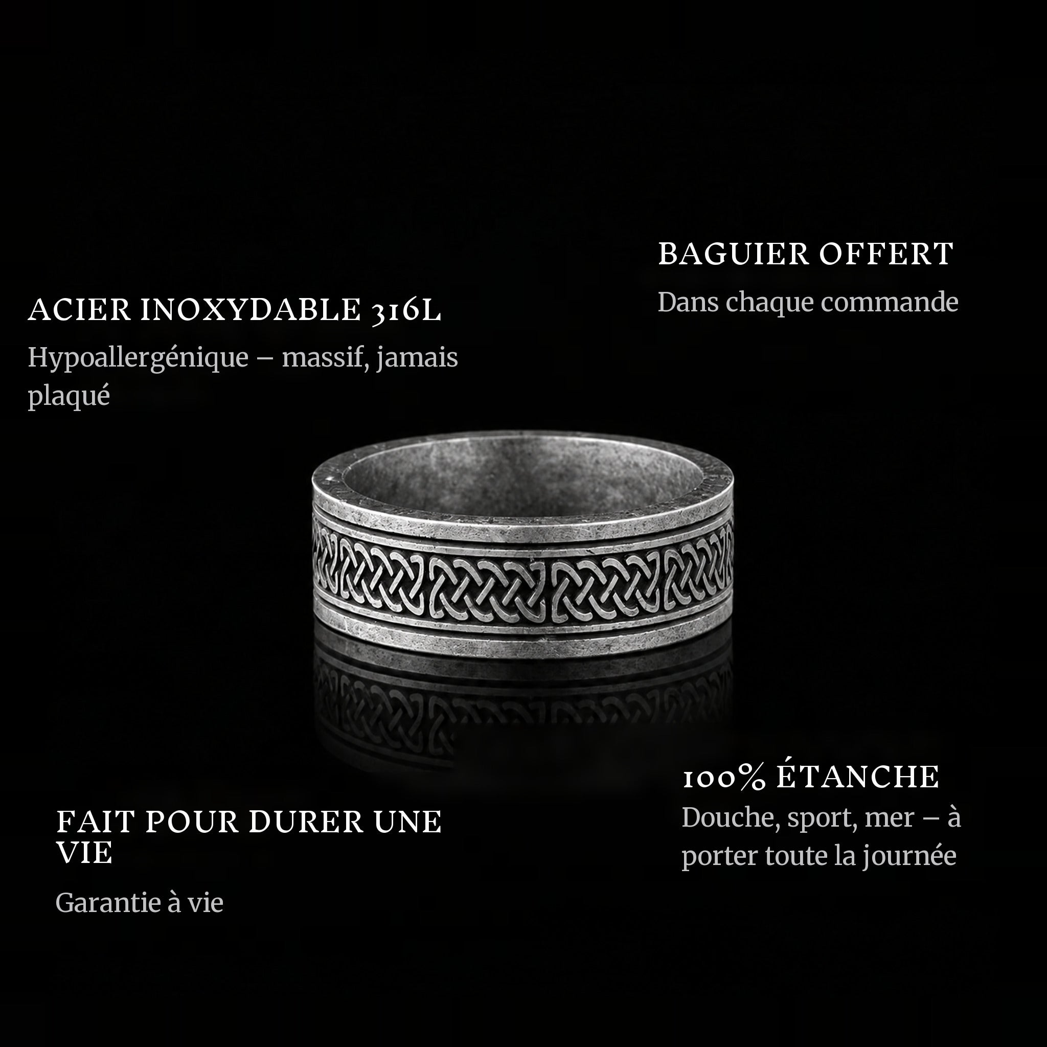 Old Norse ring features: 316L stainless steel, free ring sizer in every order, 100% waterproof, lifetime guarantee