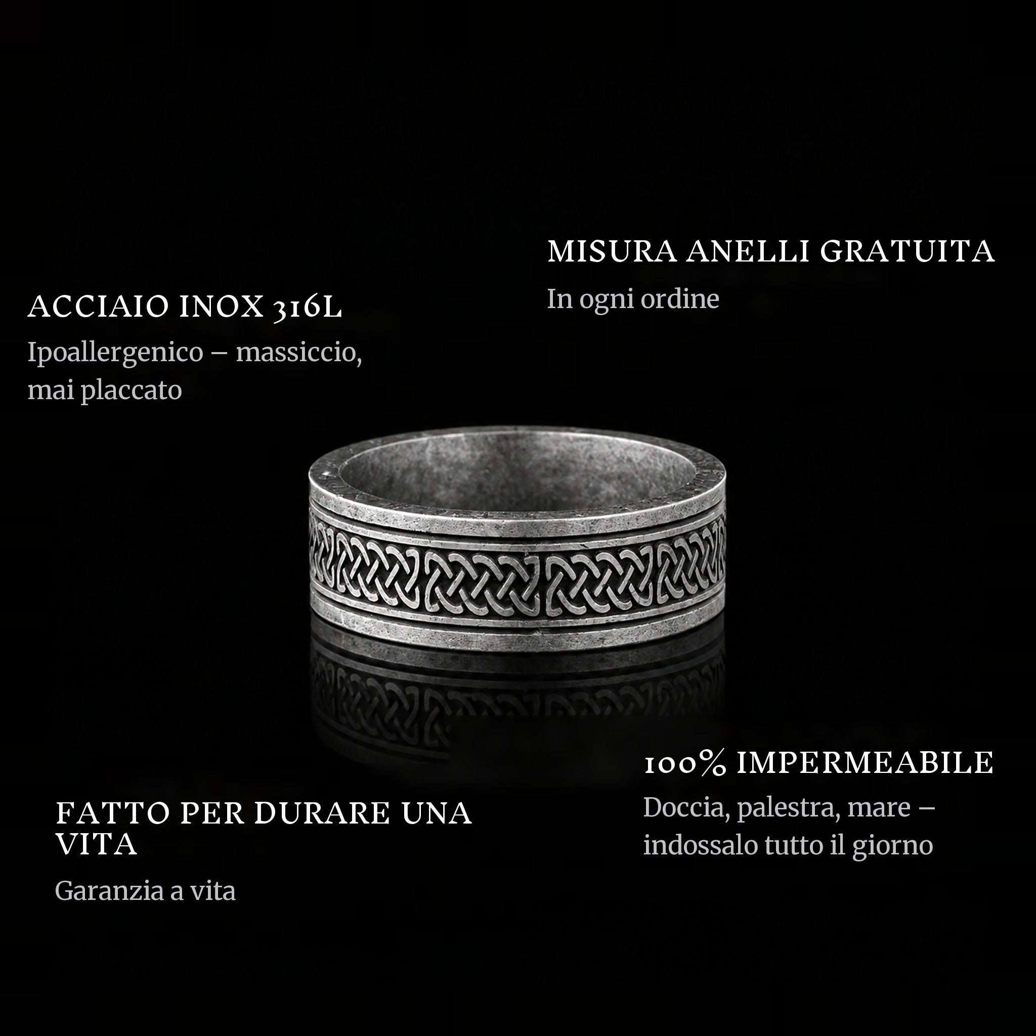 Old Norse ring features: 316L stainless steel, free ring sizer in every order, 100% waterproof, lifetime guarantee