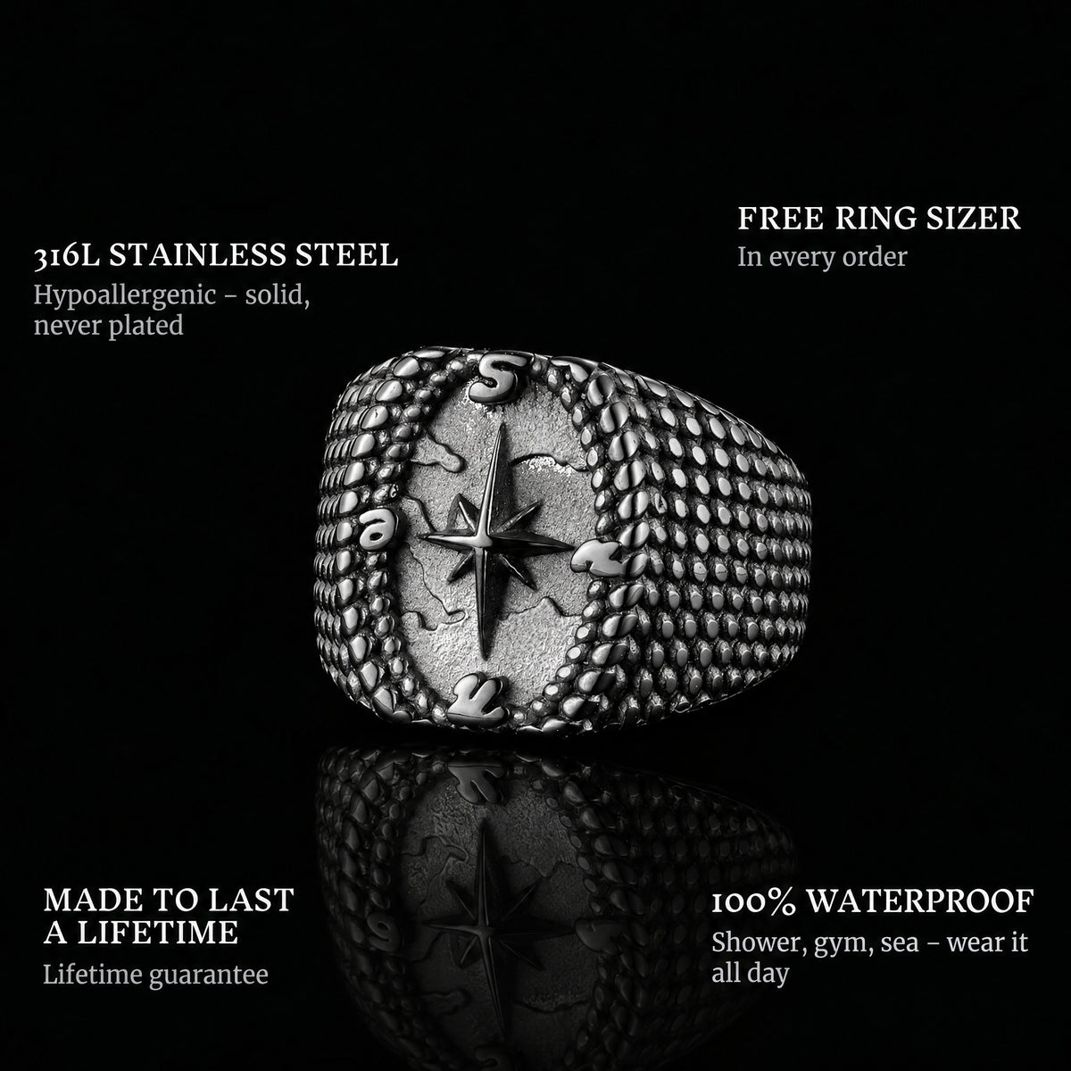 North Star ring features: 316L stainless steel, free ring sizer in every order, 100% waterproof, lifetime guarantee