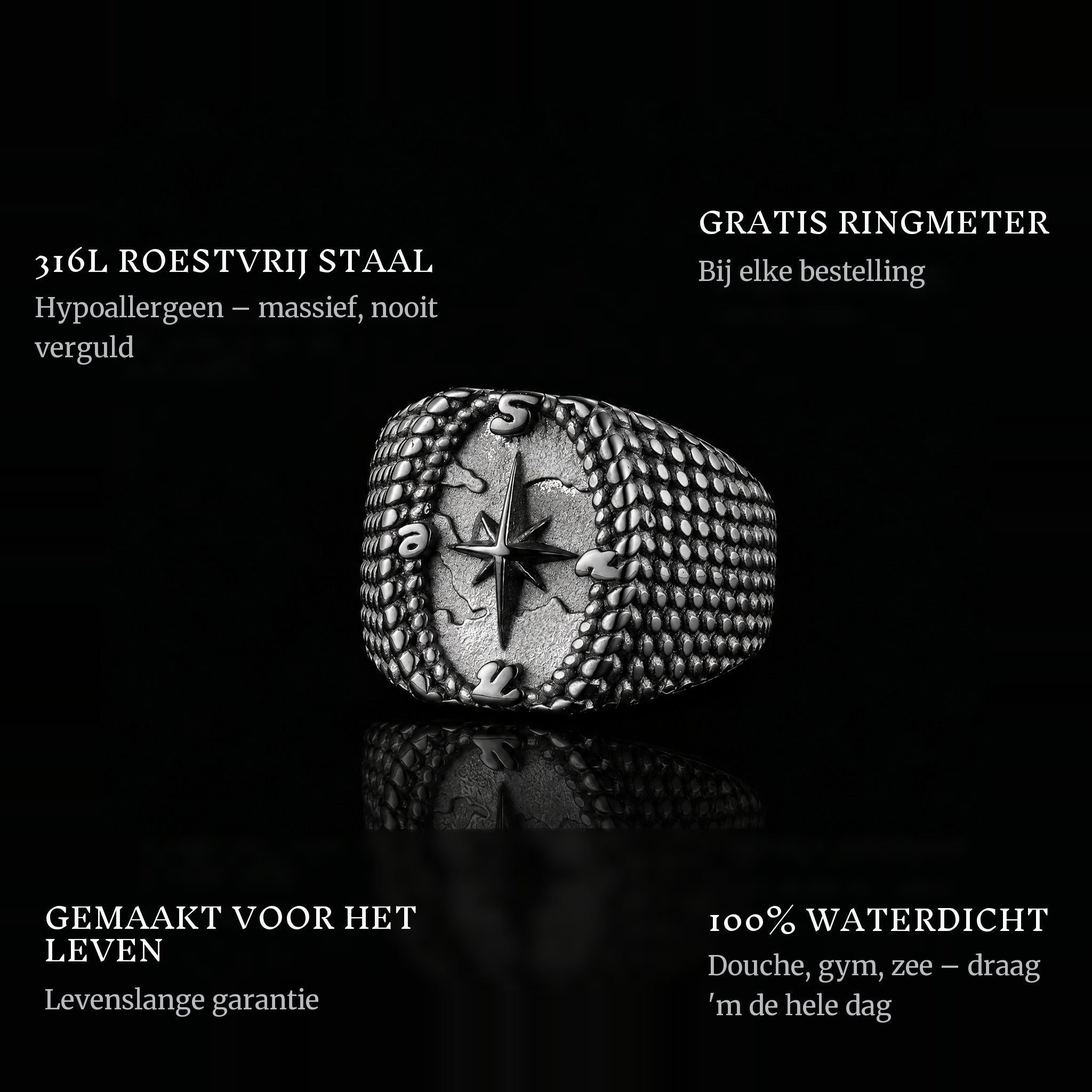 North Star ring features: 316L stainless steel, free ring sizer in every order, 100% waterproof, lifetime guarantee