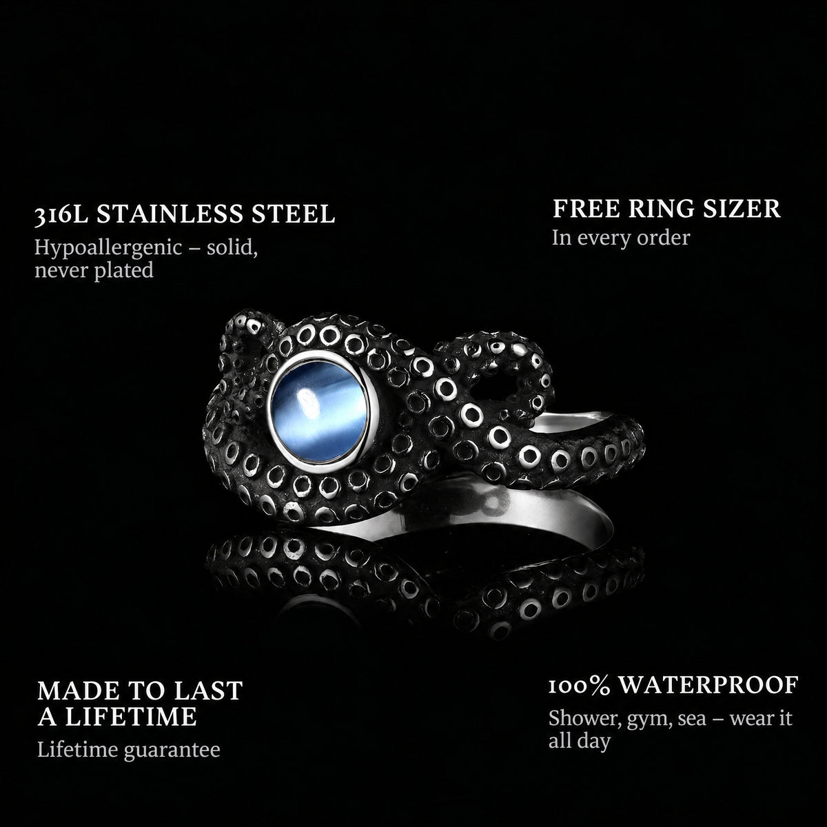 Ocean Blue ring features: 316L stainless steel, free ring sizer in every order, 100% waterproof, lifetime guarantee