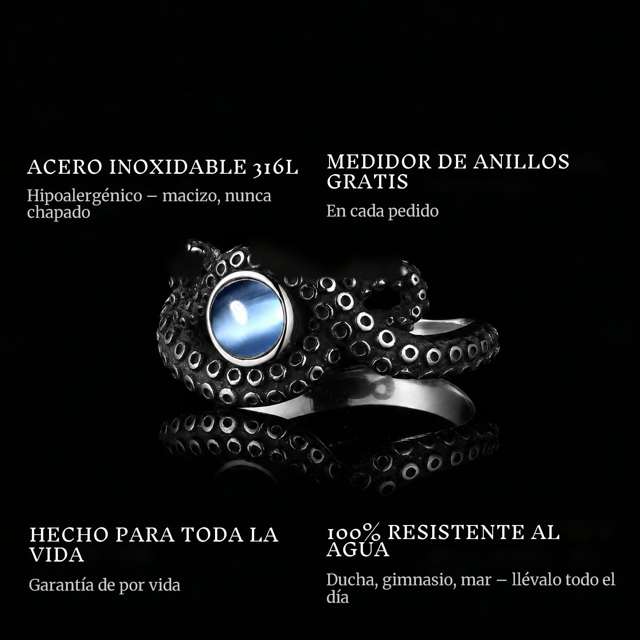 Ocean Blue ring features: 316L stainless steel, free ring sizer in every order, 100% waterproof, lifetime guarantee
