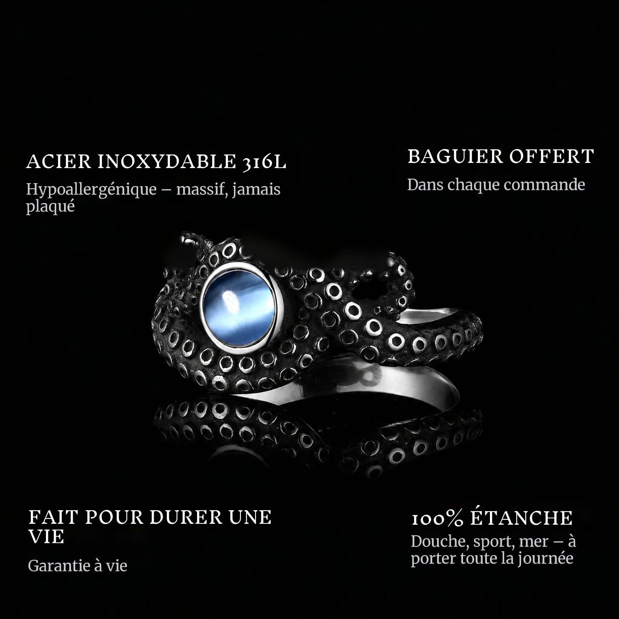 Ocean Blue ring features: 316L stainless steel, free ring sizer in every order, 100% waterproof, lifetime guarantee