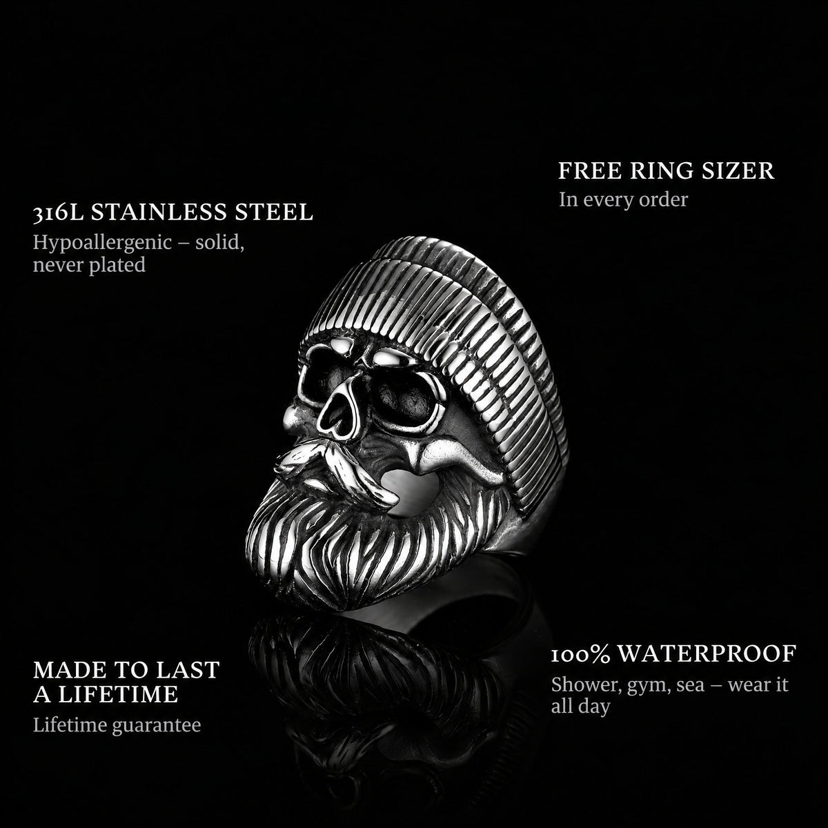 Old Biker ring features: 316L stainless steel, free ring sizer in every order, 100% waterproof, lifetime guarantee