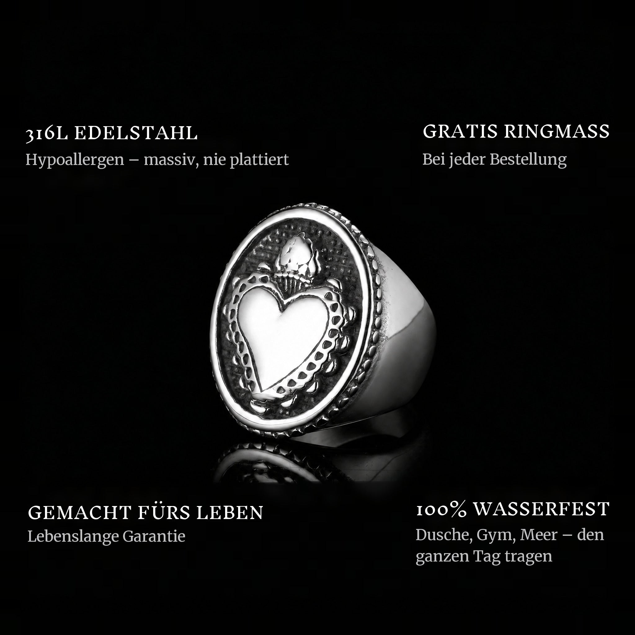 Old Flame ring features: 316L stainless steel, free ring sizer in every order, 100% waterproof, lifetime guarantee
