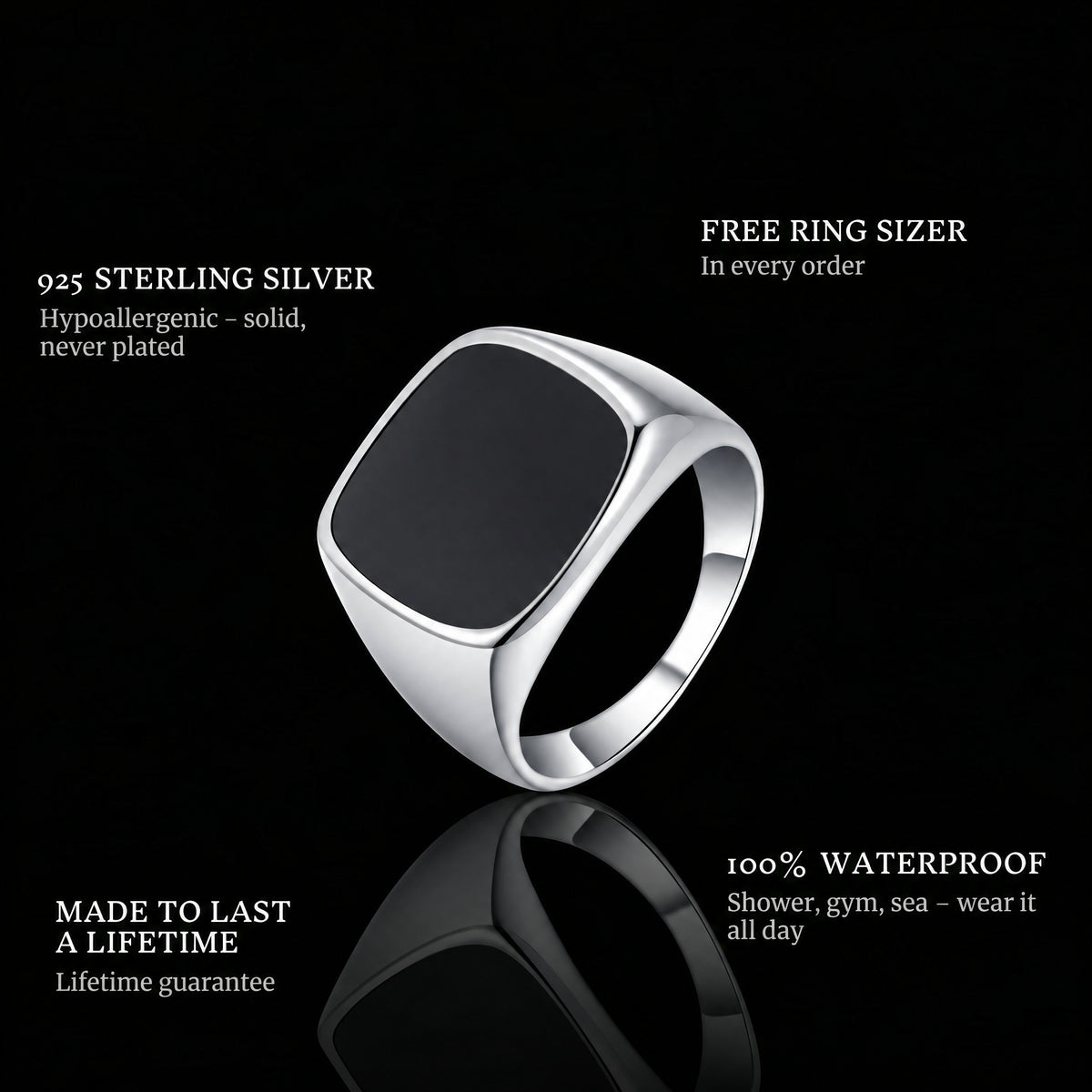 On The Road ring features: 925 sterling silver, free ring sizer in every order, 100% waterproof, lifetime guarantee