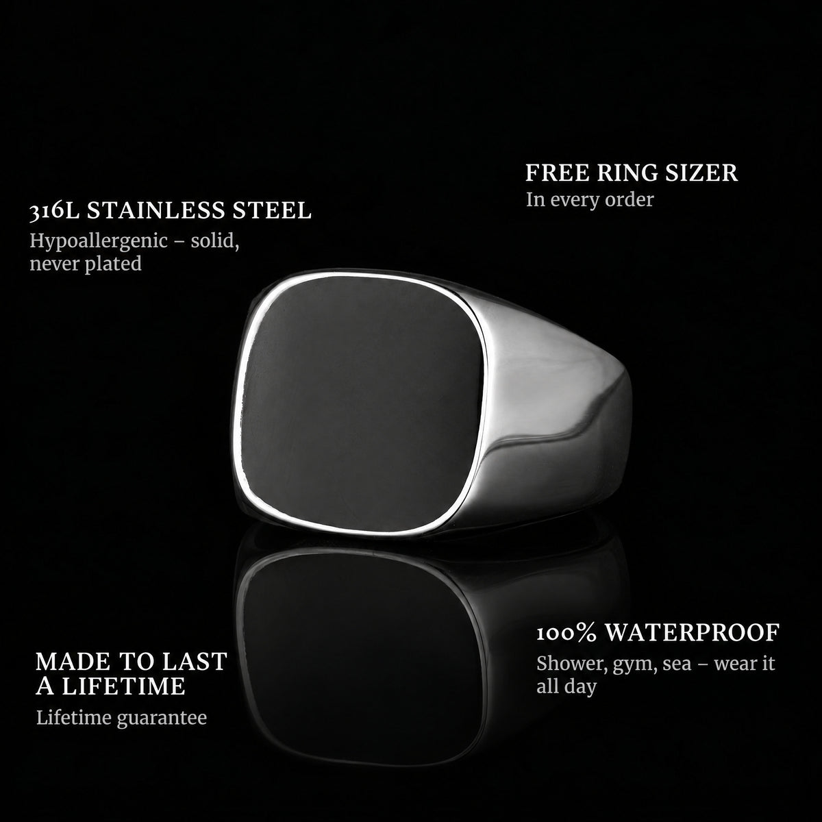 On The Road ring features: 316L stainless steel, free ring sizer in every order, 100% waterproof, lifetime guarantee