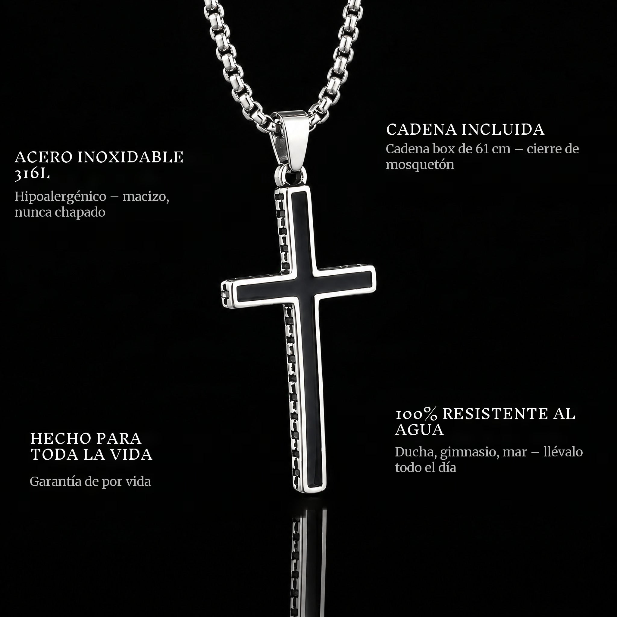 Onyx Cross pendant features: 316L stainless steel, chain included, 100% waterproof, lifetime guarantee
