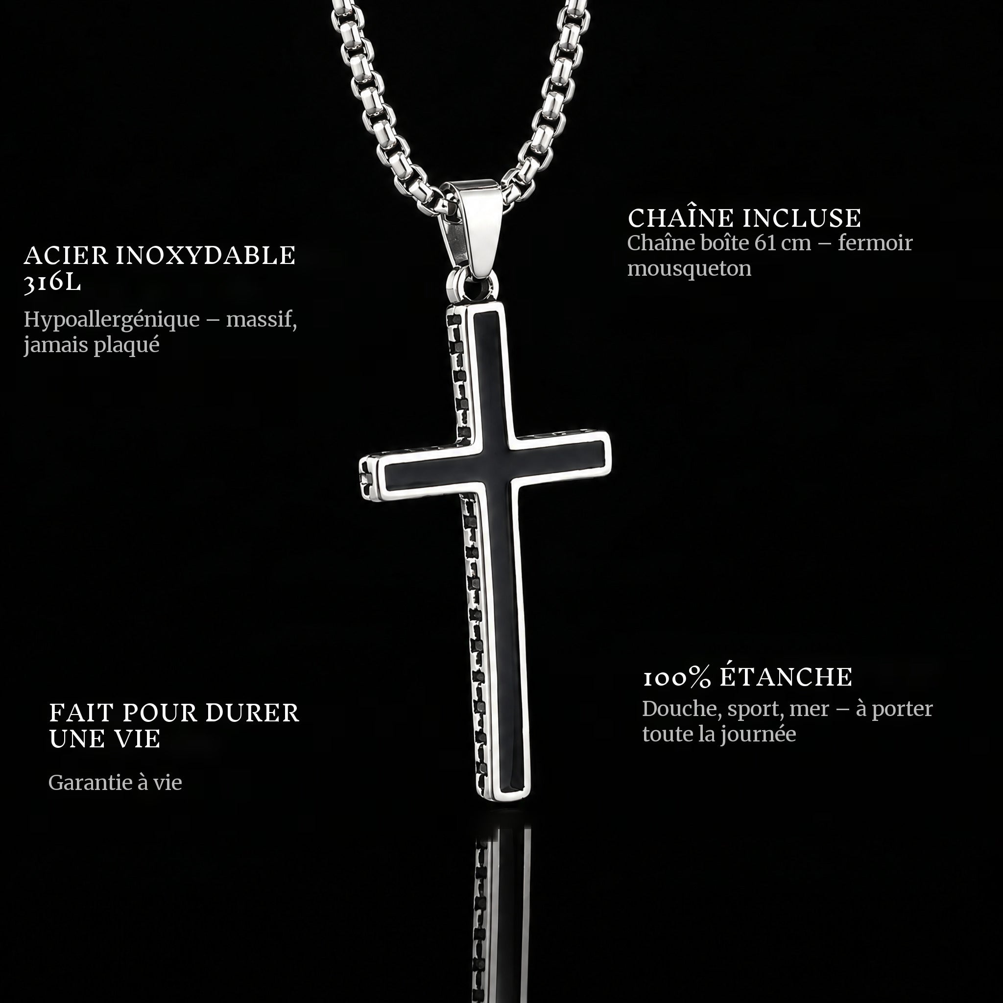 Onyx Cross pendant features: 316L stainless steel, chain included, 100% waterproof, lifetime guarantee