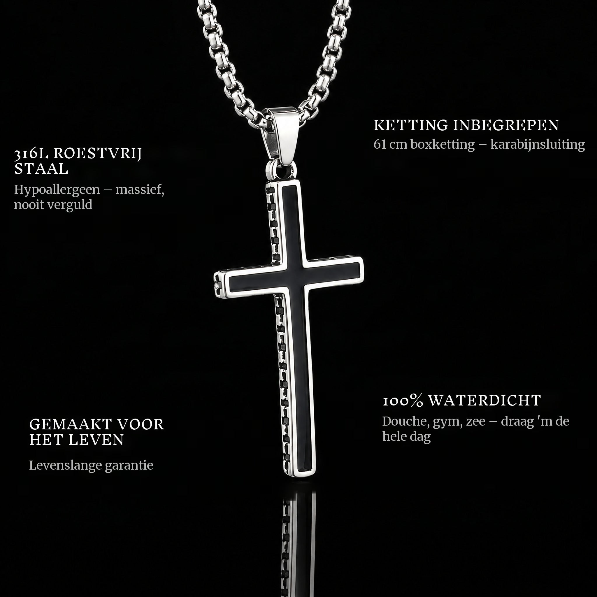 Onyx Cross pendant features: 316L stainless steel, chain included, 100% waterproof, lifetime guarantee