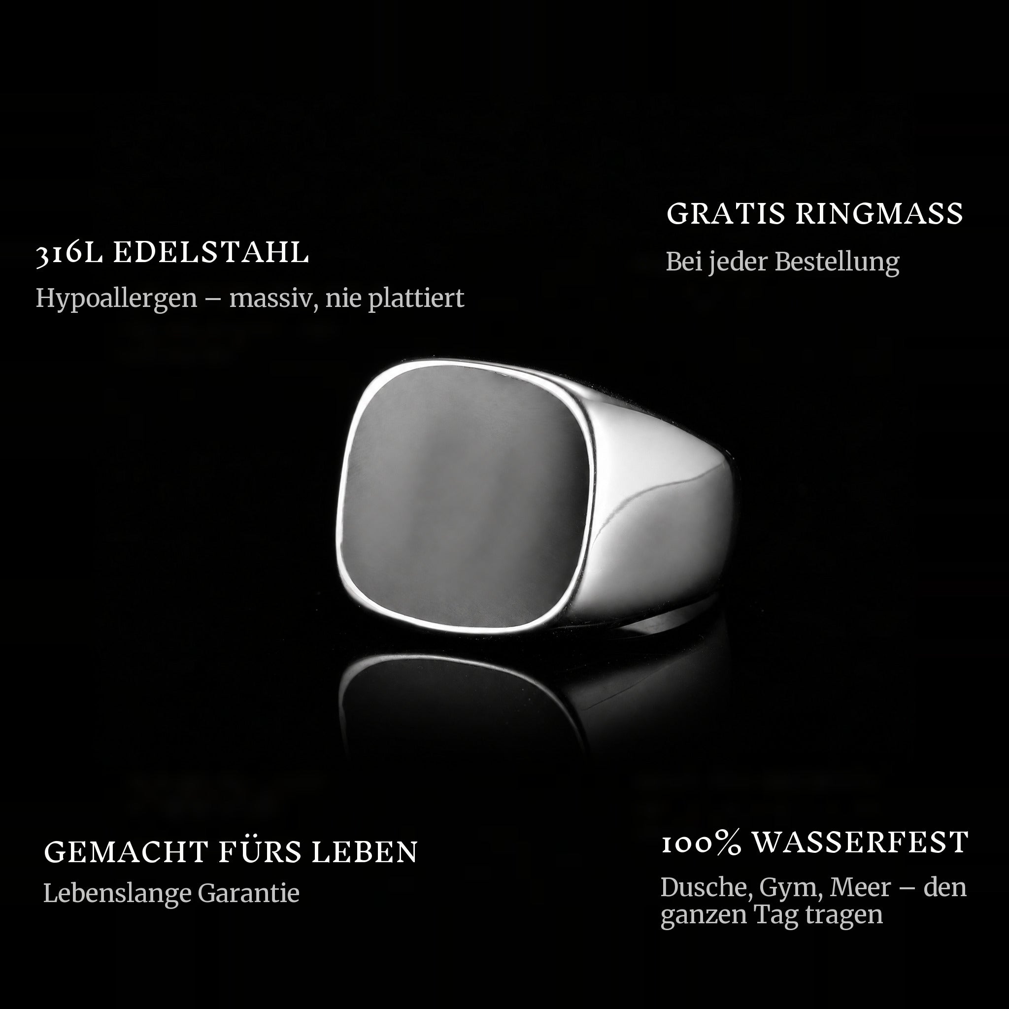Onyx ring features: 316L stainless steel, free ring sizer in every order, 100% waterproof, lifetime guarantee