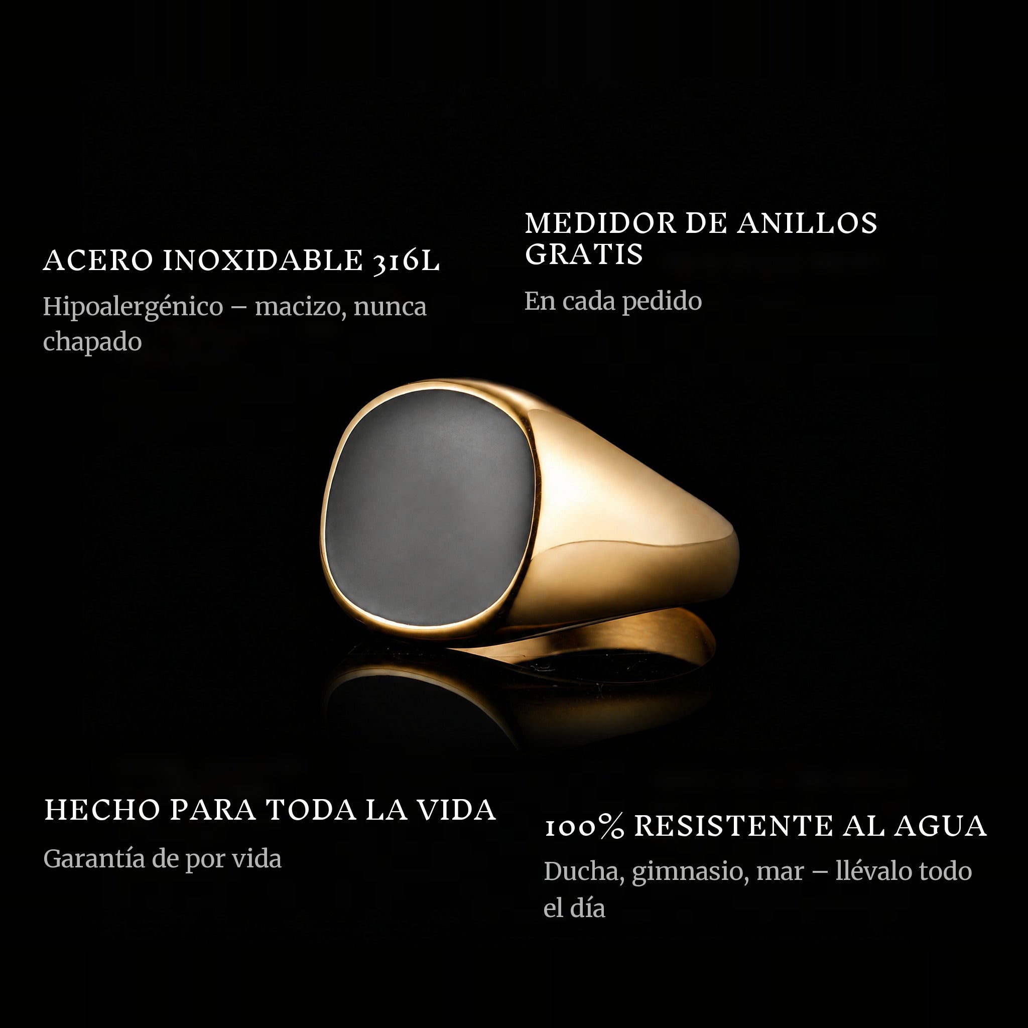 Onyx Gold ring features: 316L stainless steel, free ring sizer in every order, 100% waterproof, lifetime guarantee