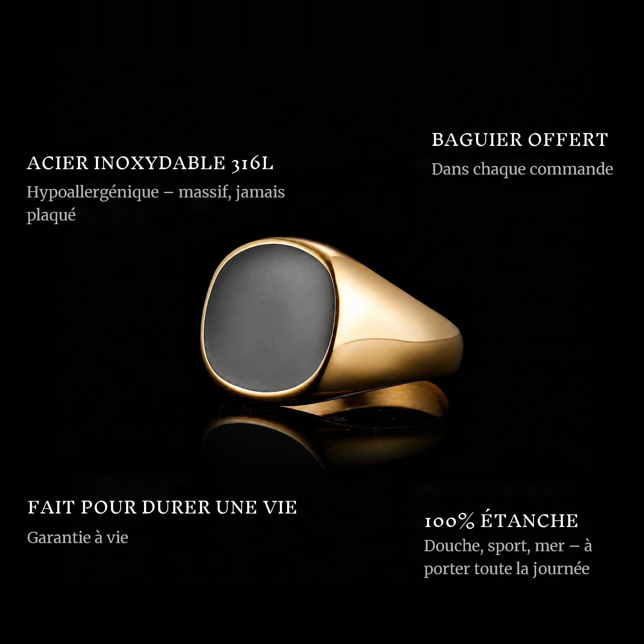 Onyx Gold ring features: 316L stainless steel, free ring sizer in every order, 100% waterproof, lifetime guarantee