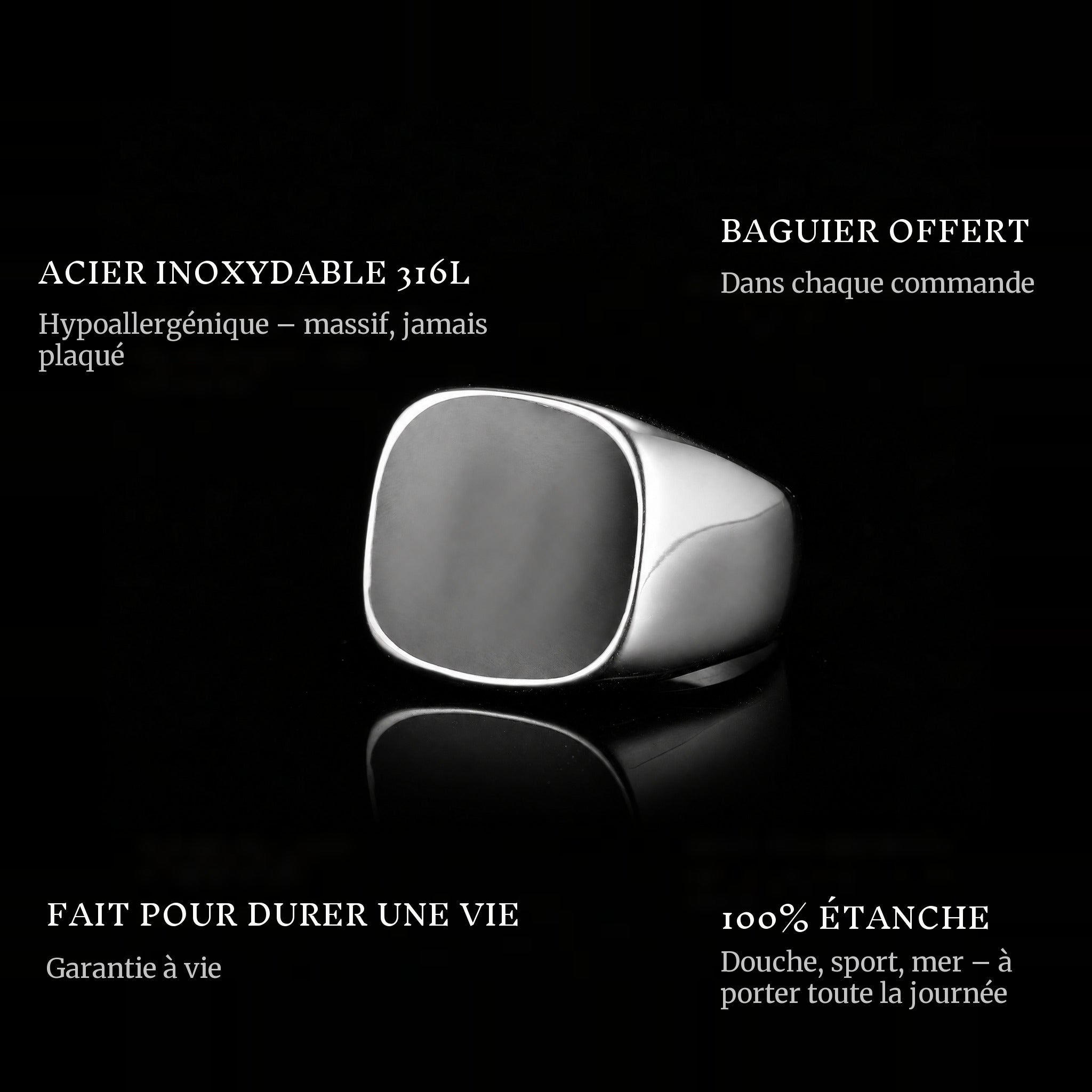 Onyx ring features: 316L stainless steel, free ring sizer in every order, 100% waterproof, lifetime guarantee