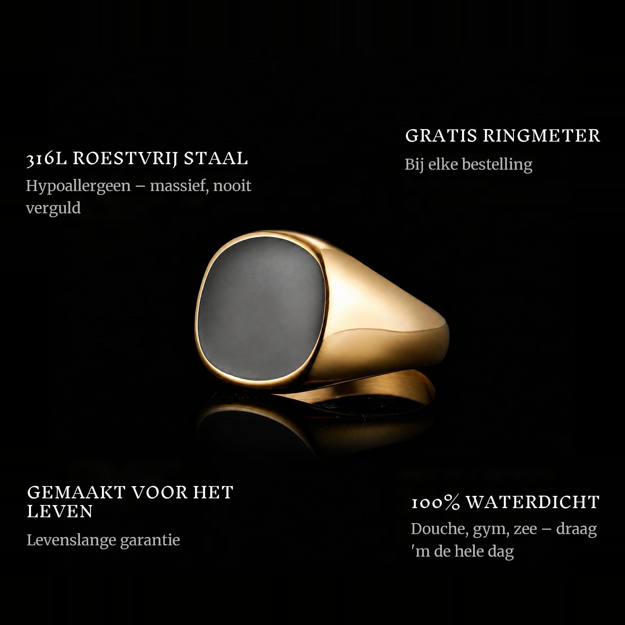 Onyx Gold ring features: 316L stainless steel, free ring sizer in every order, 100% waterproof, lifetime guarantee