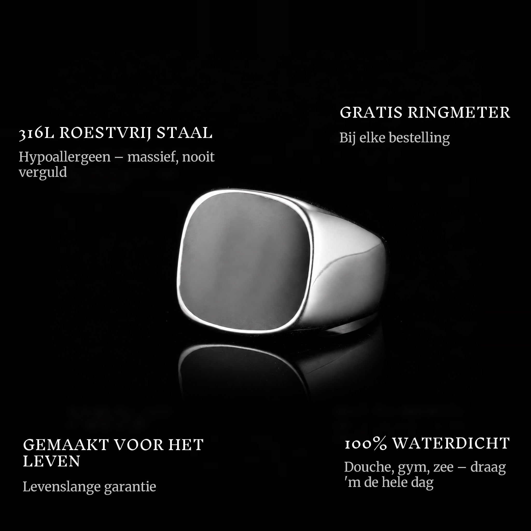 Onyx ring features: 316L stainless steel, free ring sizer in every order, 100% waterproof, lifetime guarantee