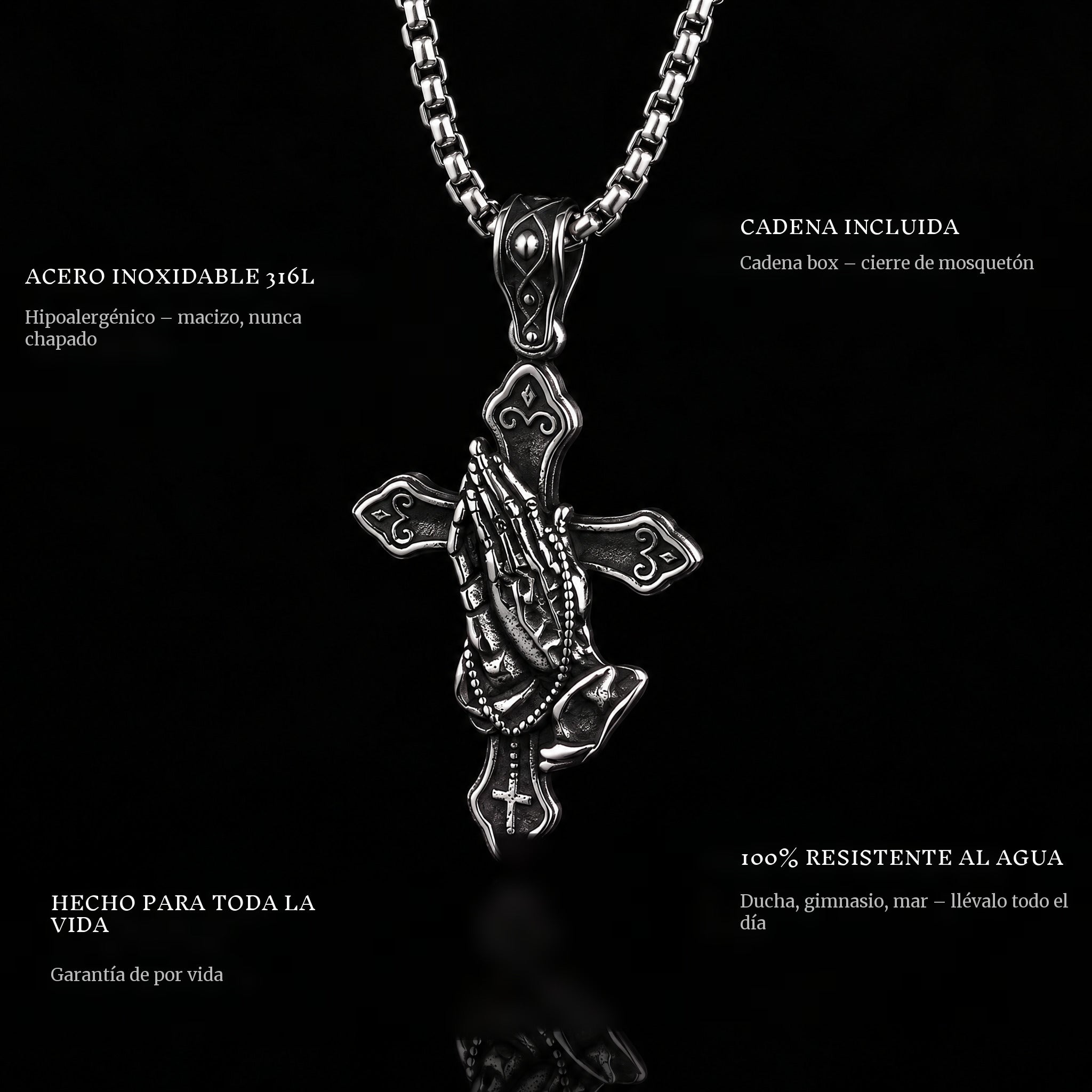 Prayer Cross pendant features: 316L stainless steel, chain included, 100% waterproof, lifetime guarantee
