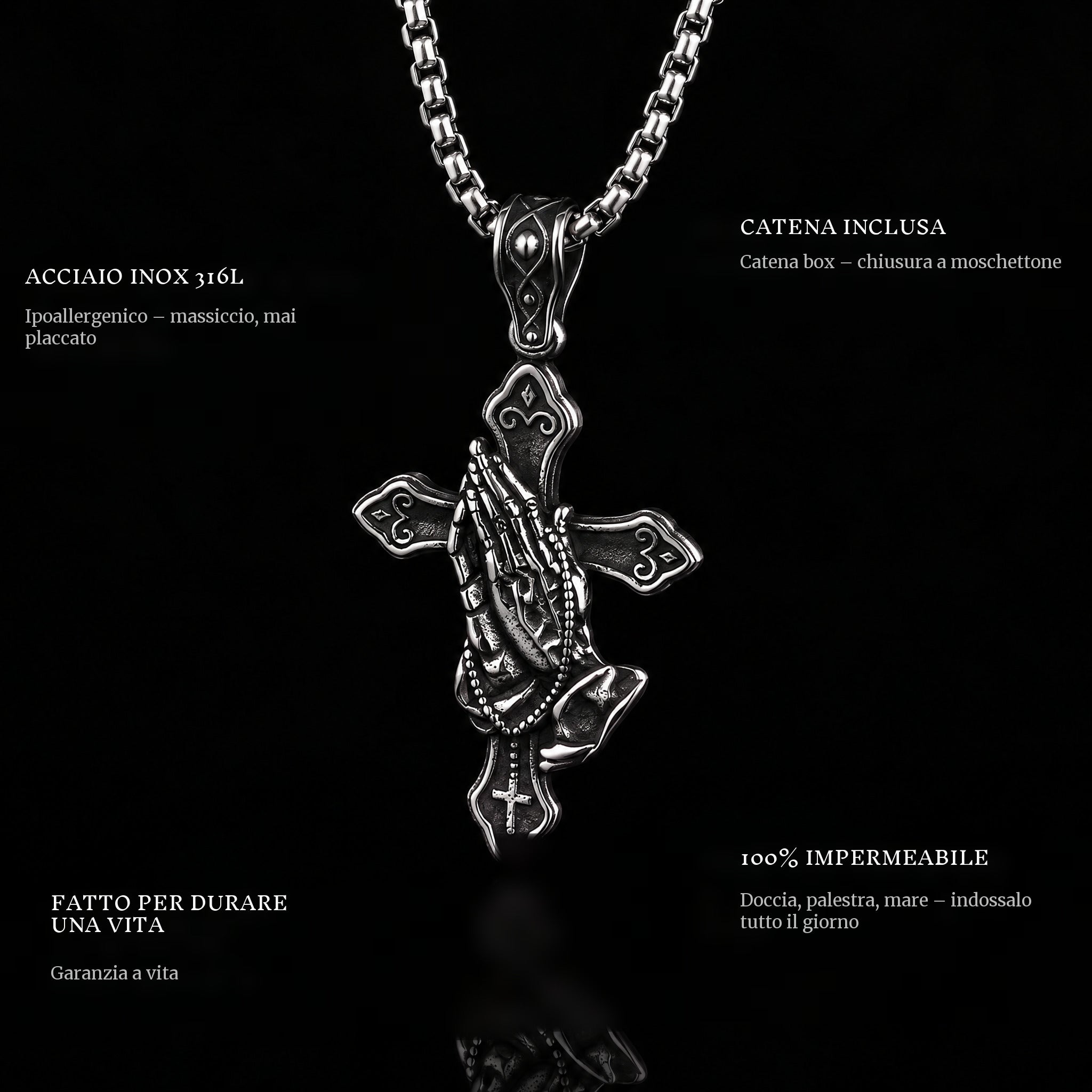 Prayer Cross pendant features: 316L stainless steel, chain included, 100% waterproof, lifetime guarantee