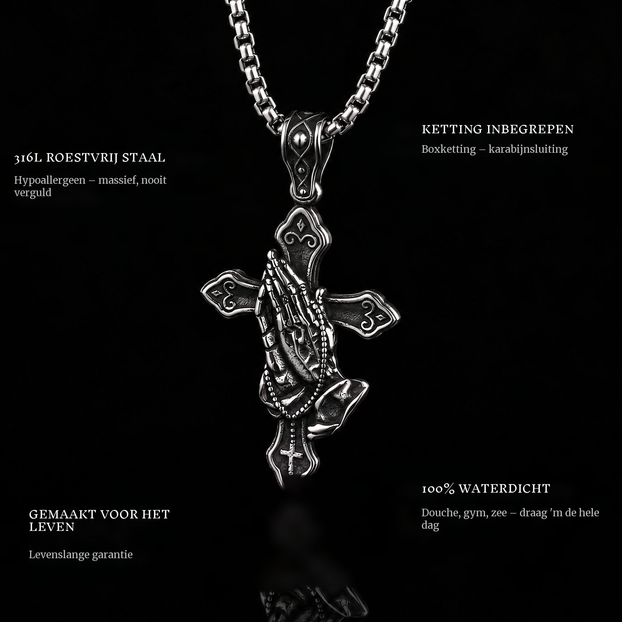 Prayer Cross pendant features: 316L stainless steel, chain included, 100% waterproof, lifetime guarantee
