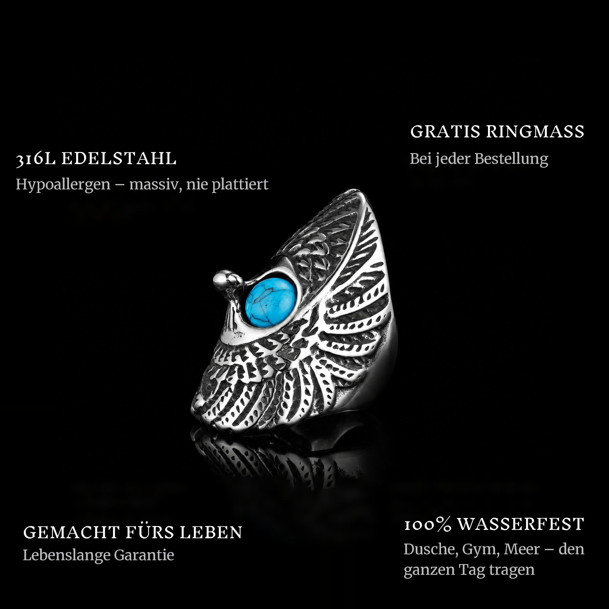 Protect Wings ring features: 316L stainless steel, free ring sizer in every order, 100% waterproof, lifetime guarantee