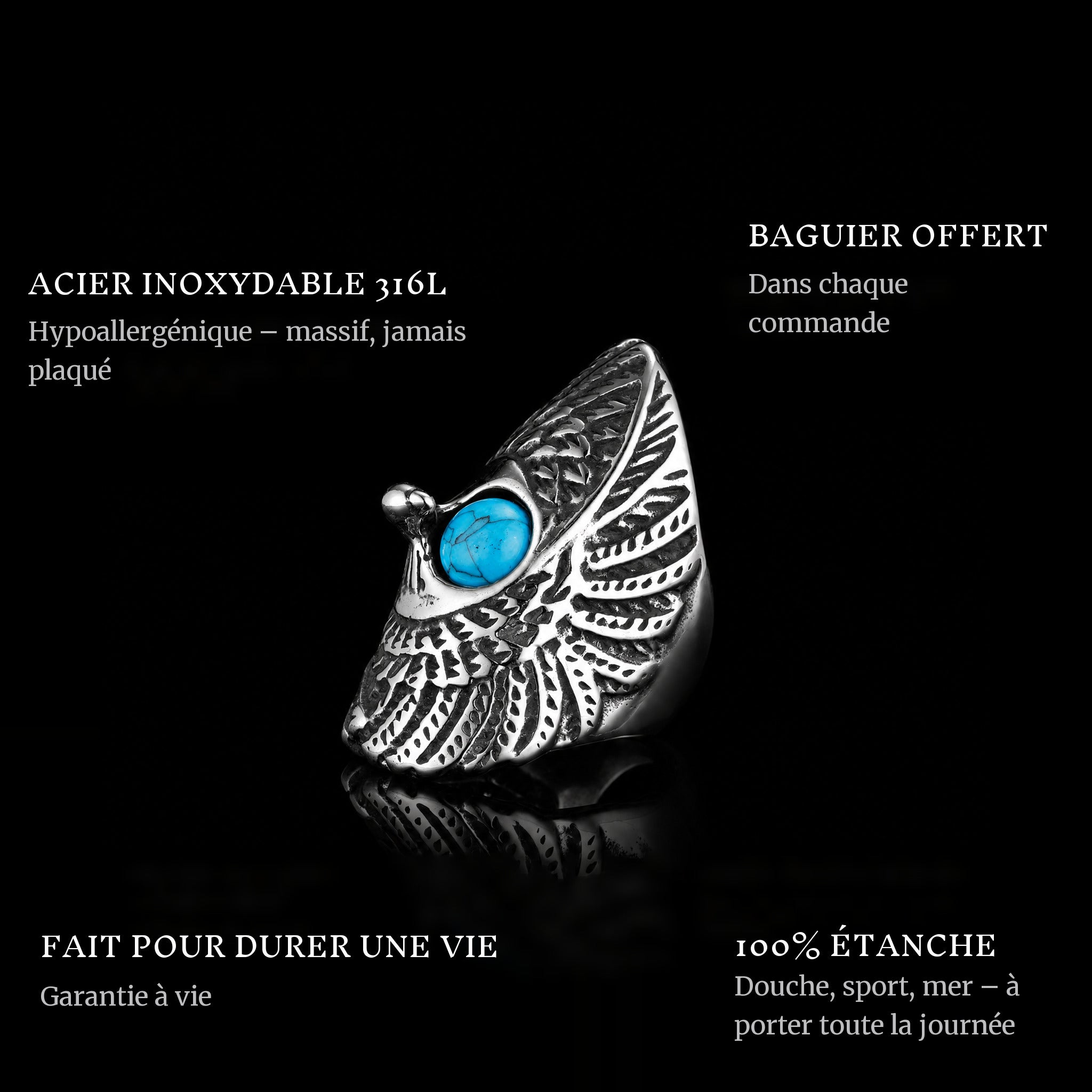 Protect Wings ring features: 316L stainless steel, free ring sizer in every order, 100% waterproof, lifetime guarantee