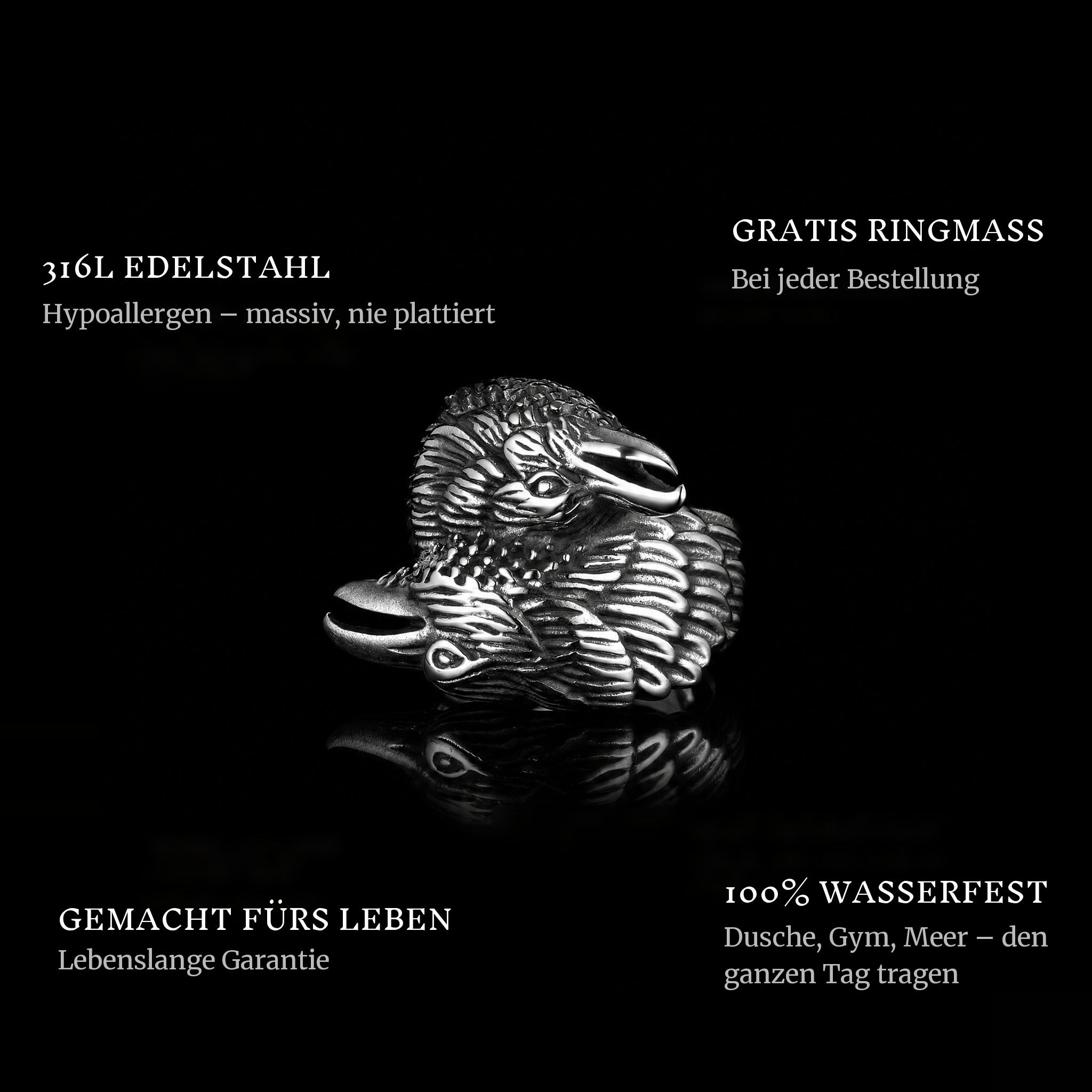 Raven ring features: 316L stainless steel, free ring sizer in every order, 100% waterproof, lifetime guarantee