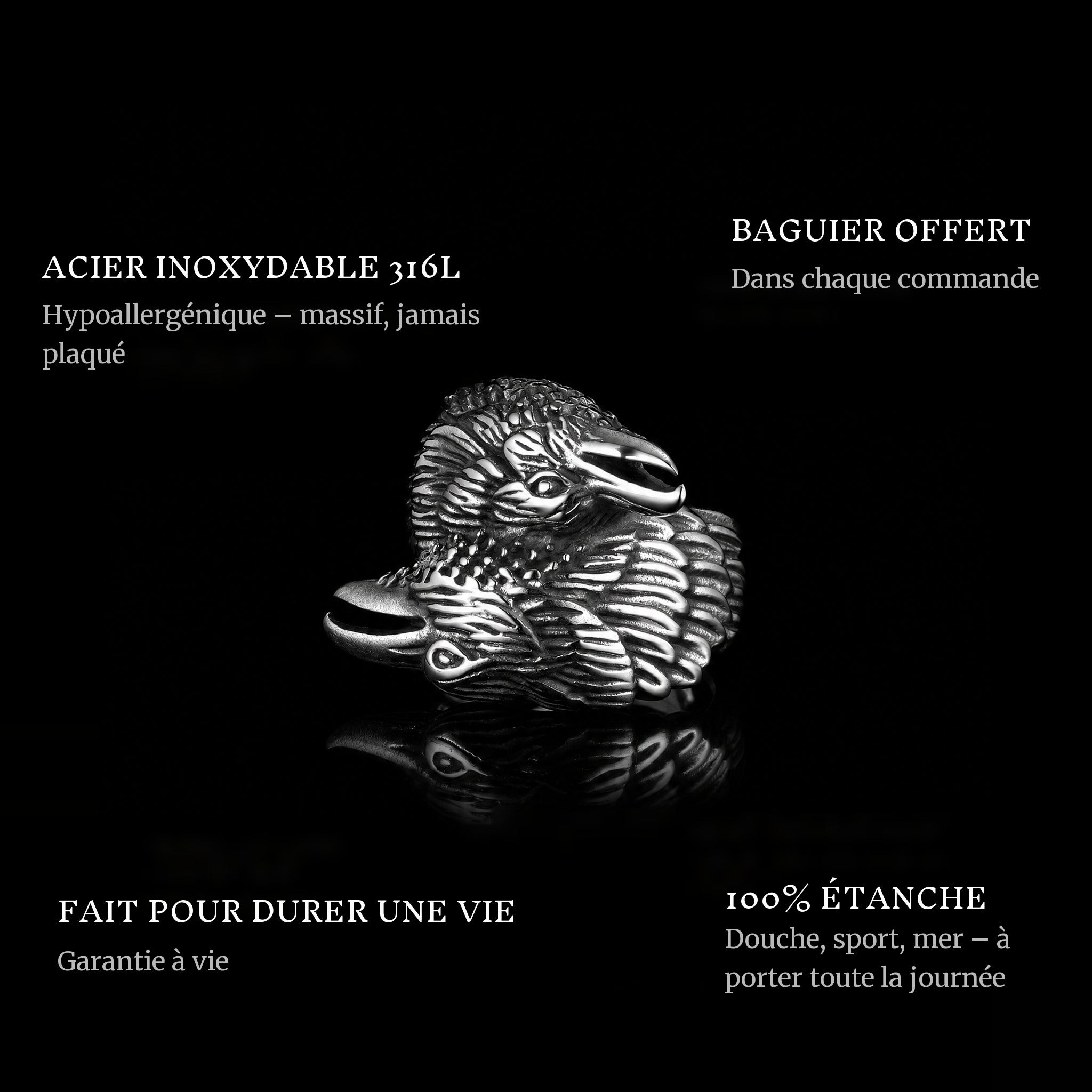 Raven ring features: 316L stainless steel, free ring sizer in every order, 100% waterproof, lifetime guarantee