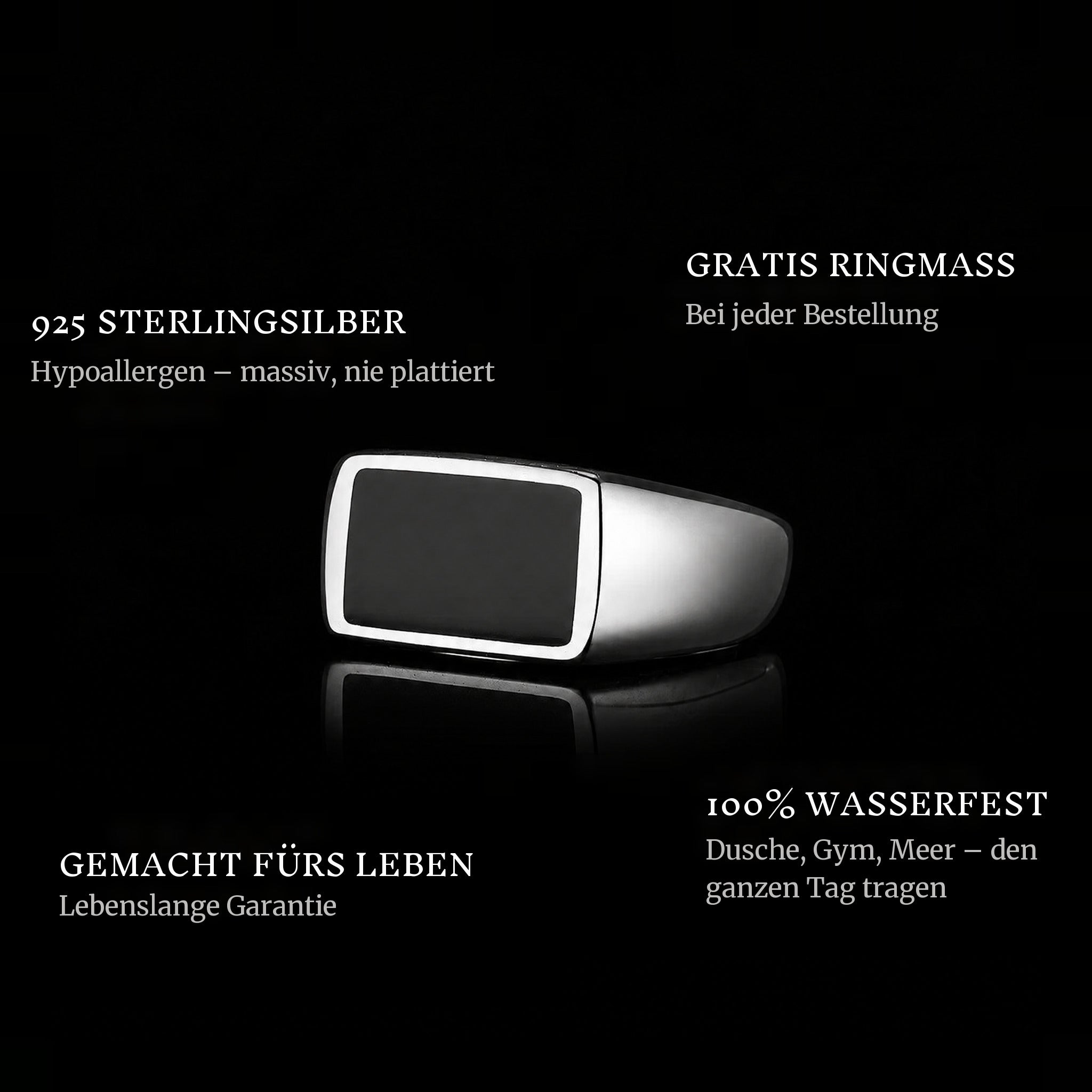 Rebel Onyx ring features: 925 sterling silver, free ring sizer in every order, 100% waterproof, lifetime guarantee