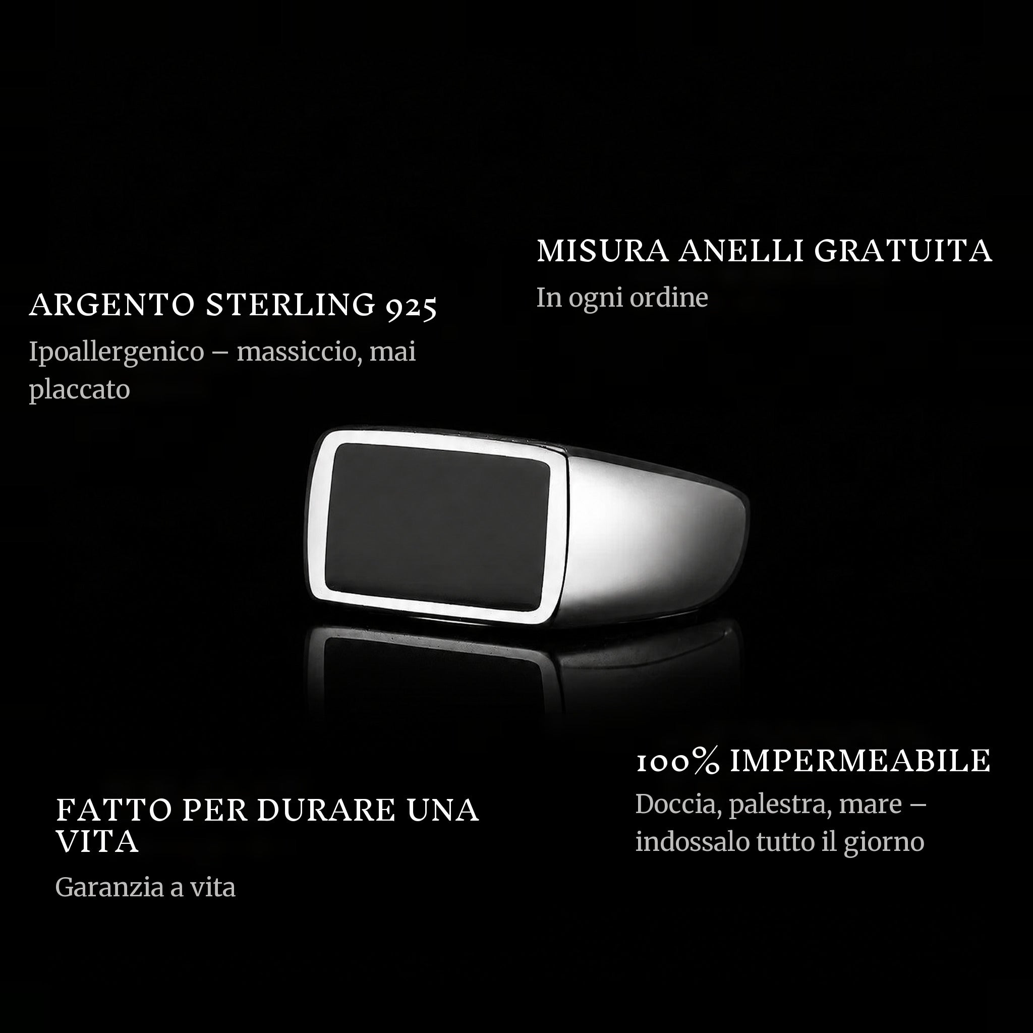 Rebel Onyx ring features: 925 sterling silver, free ring sizer in every order, 100% waterproof, lifetime guarantee