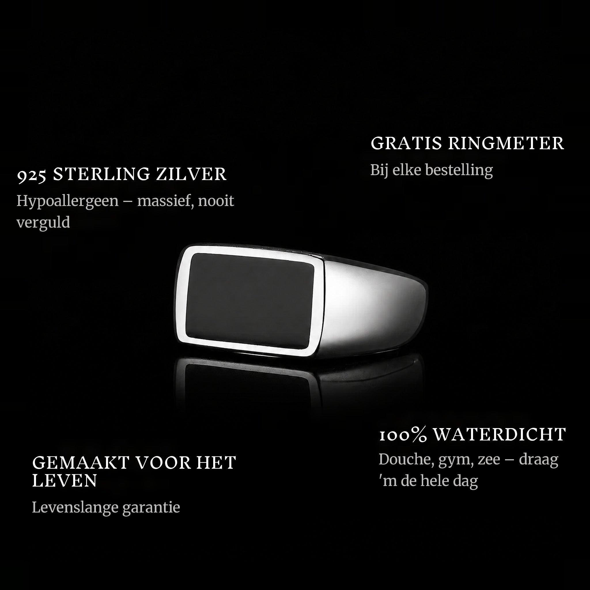Rebel Onyx ring features: 925 sterling silver, free ring sizer in every order, 100% waterproof, lifetime guarantee