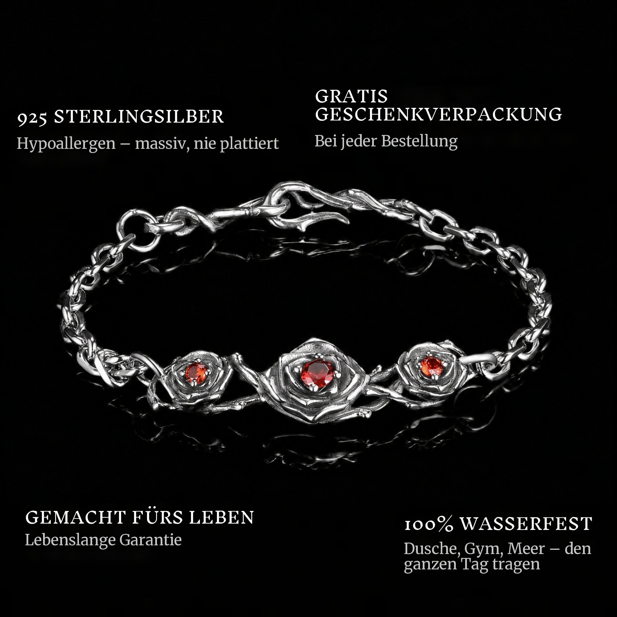 Red Roses features: 925 sterling silver, free gift packaging, 100% waterproof, lifetime guarantee