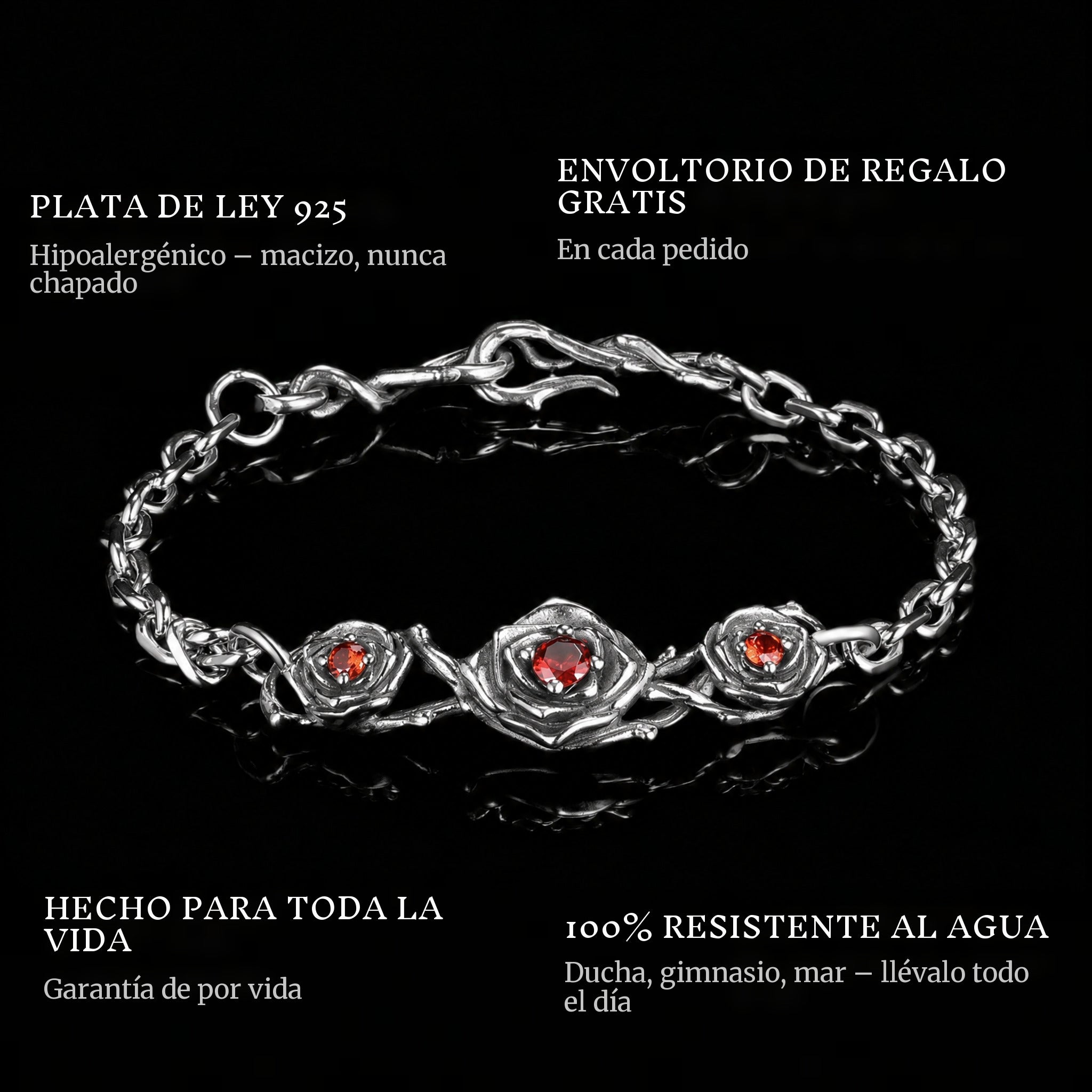 Red Roses features: 925 sterling silver, free gift packaging, 100% waterproof, lifetime guarantee