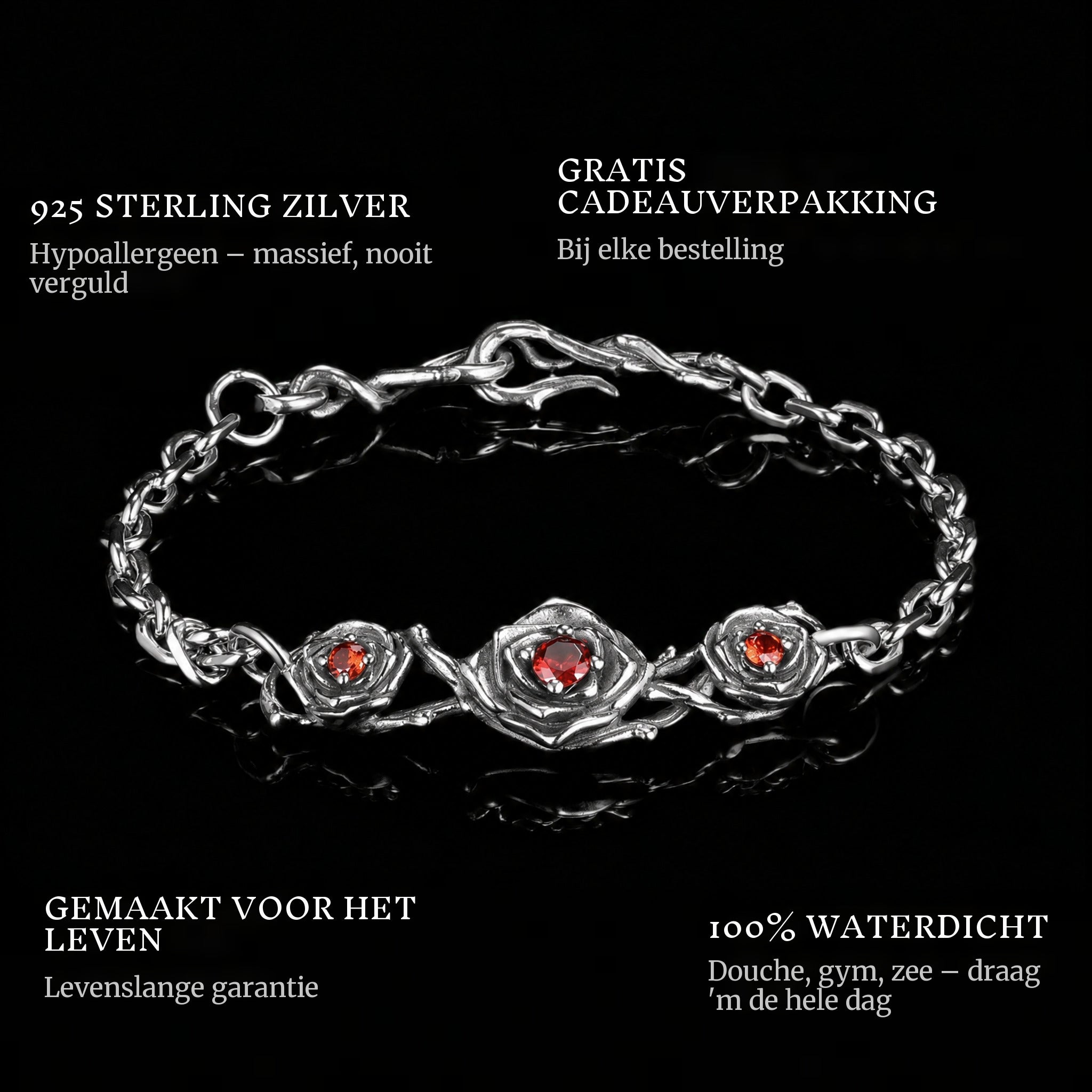Red Roses features: 925 sterling silver, free gift packaging, 100% waterproof, lifetime guarantee