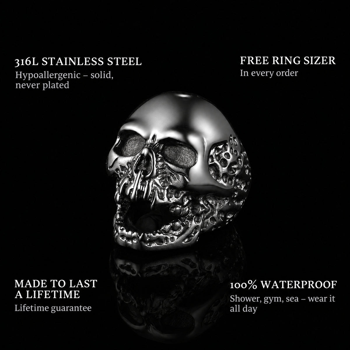 Ride Till Death Black ring features: 316L stainless steel, free ring sizer in every order, 100% waterproof, lifetime guarantee