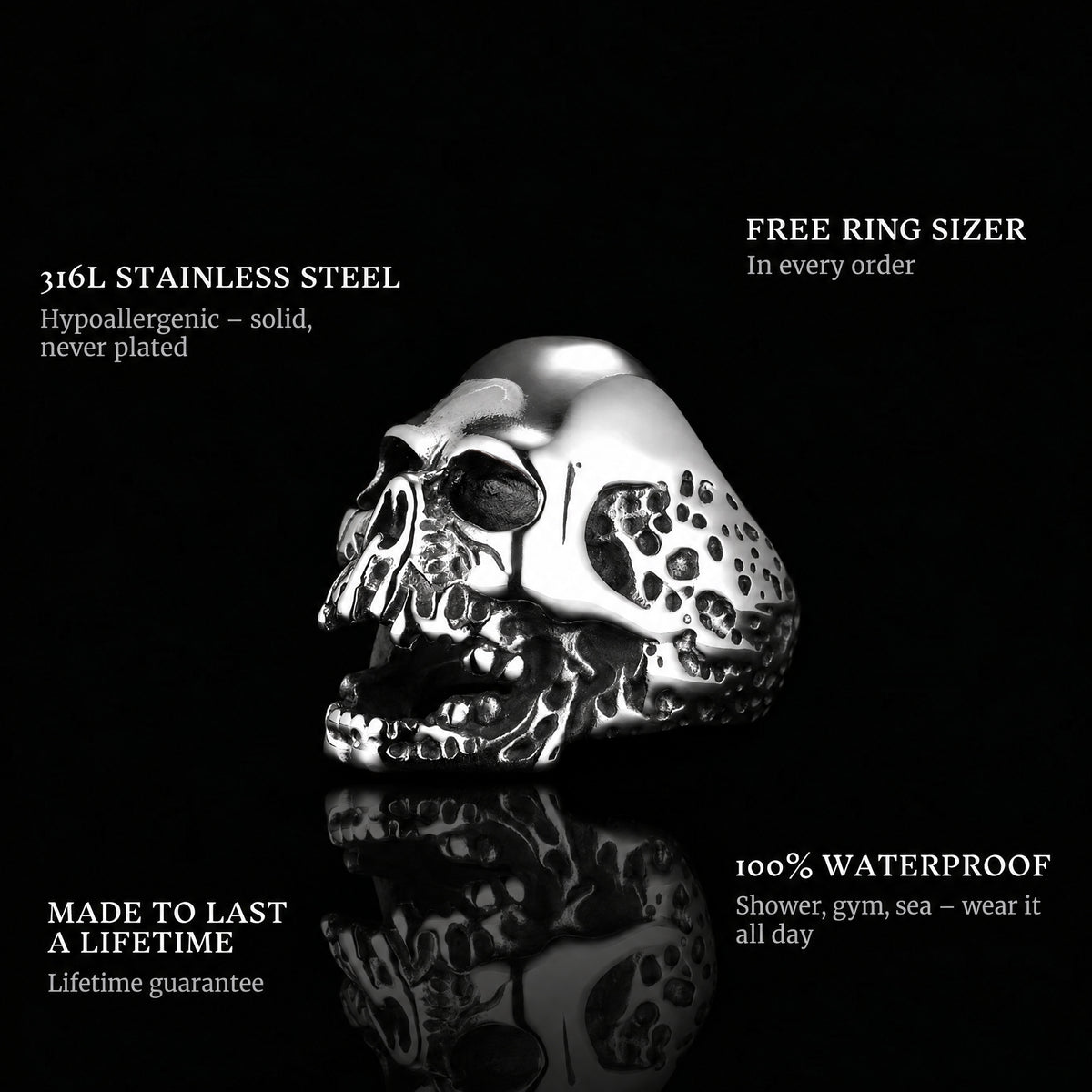 Ride Till Death ring features: 316L stainless steel, free ring sizer in every order, 100% waterproof, lifetime guarantee
