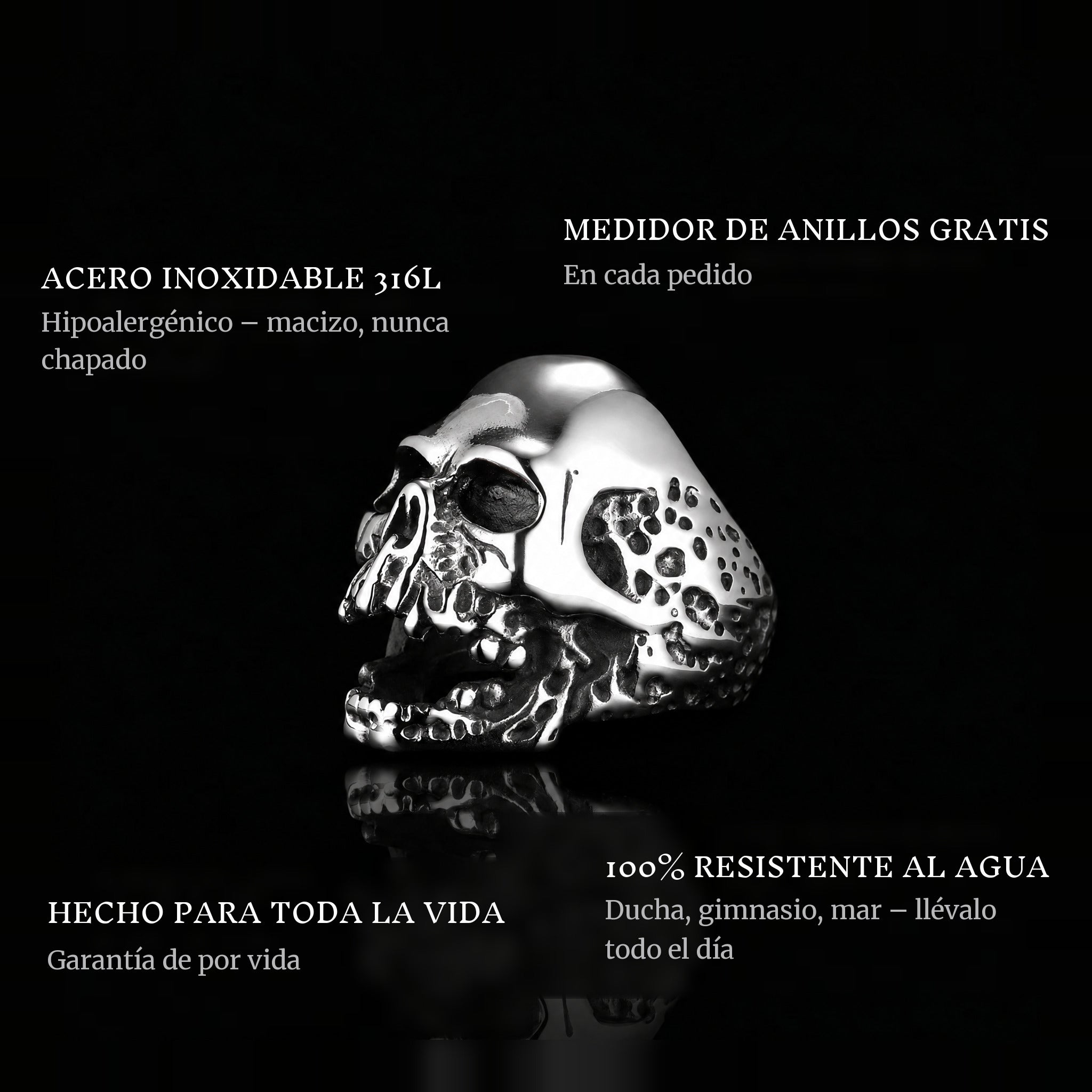 Ride Till Death ring features: 316L stainless steel, free ring sizer in every order, 100% waterproof, lifetime guarantee