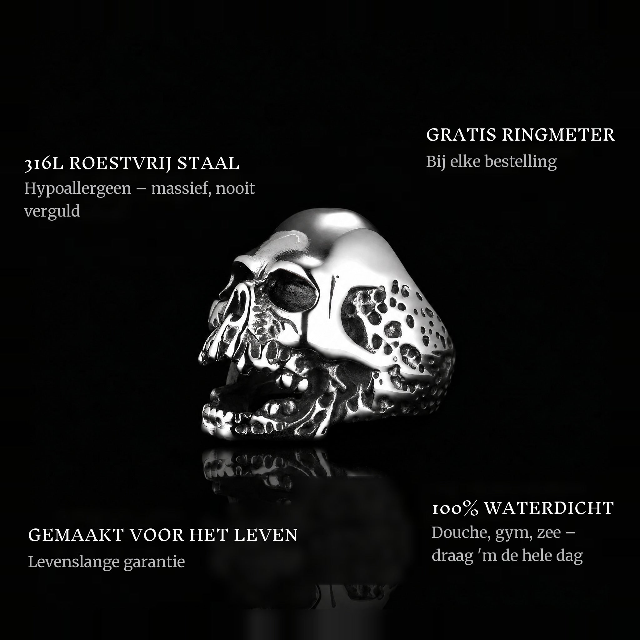 Ride Till Death ring features: 316L stainless steel, free ring sizer in every order, 100% waterproof, lifetime guarantee