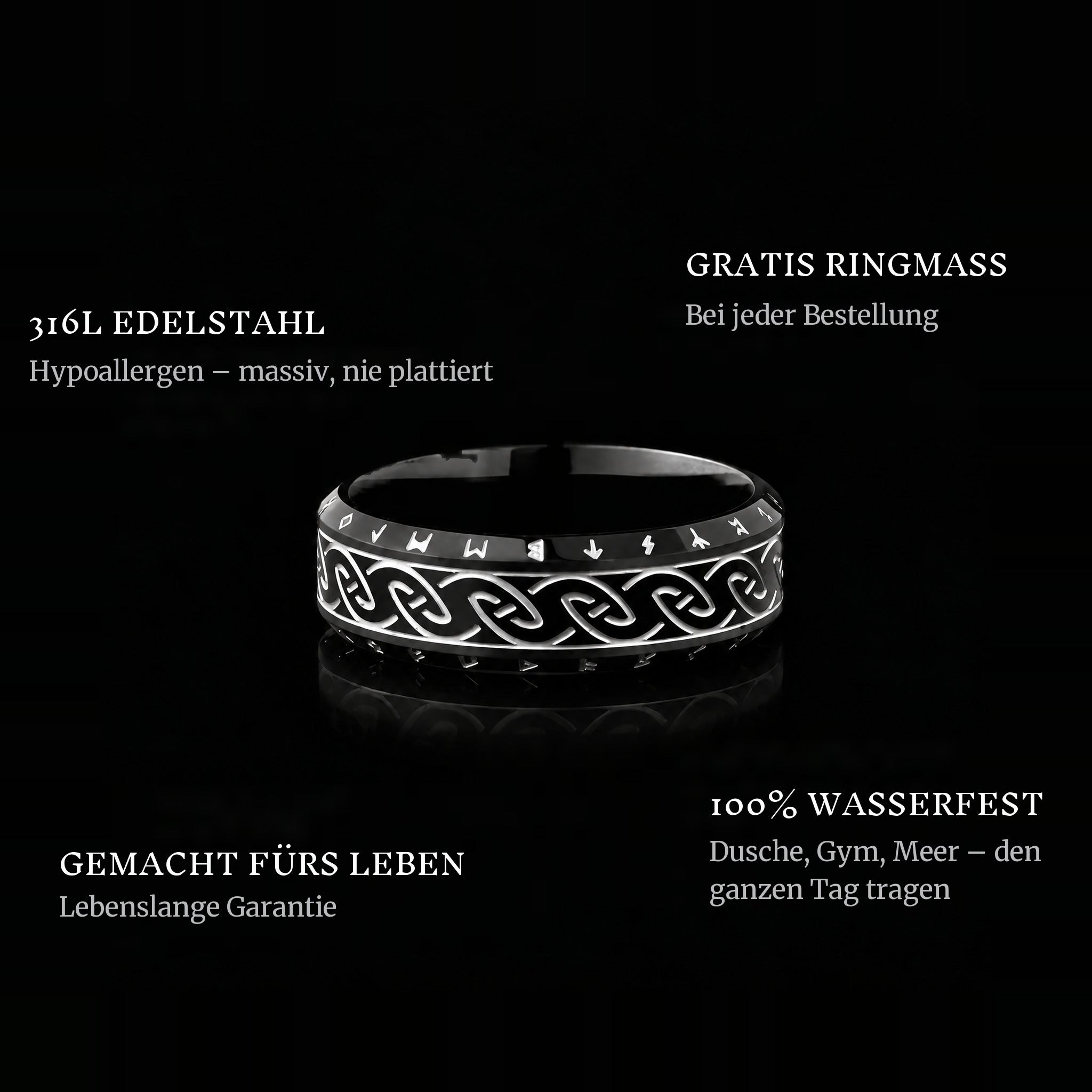 Nordic Black ring features: 316L stainless steel, free ring sizer in every order, 100% waterproof, lifetime guarantee